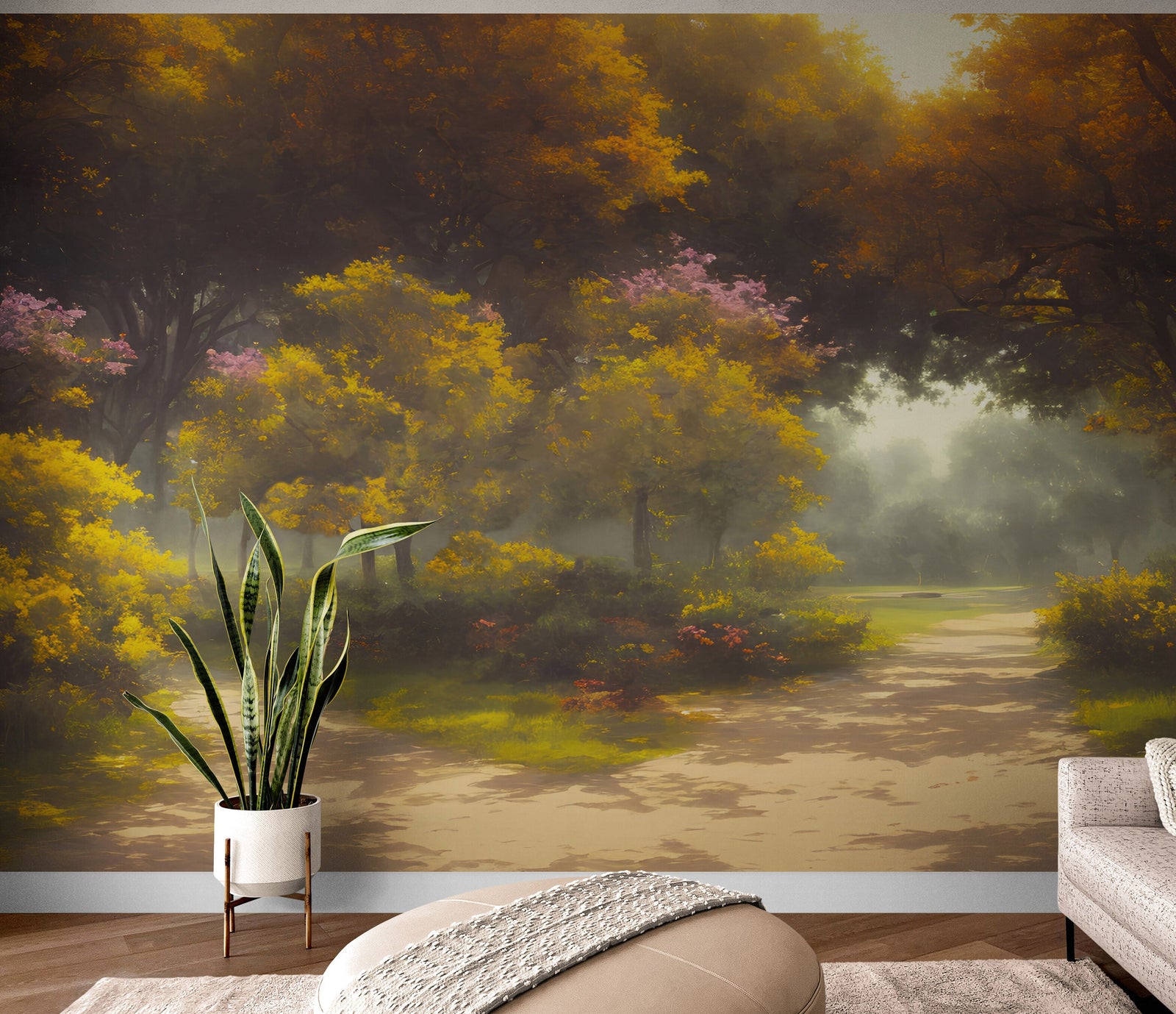 Vintage Trees in Park Wallpaper. Peel and Stick Wall Mural. #6496