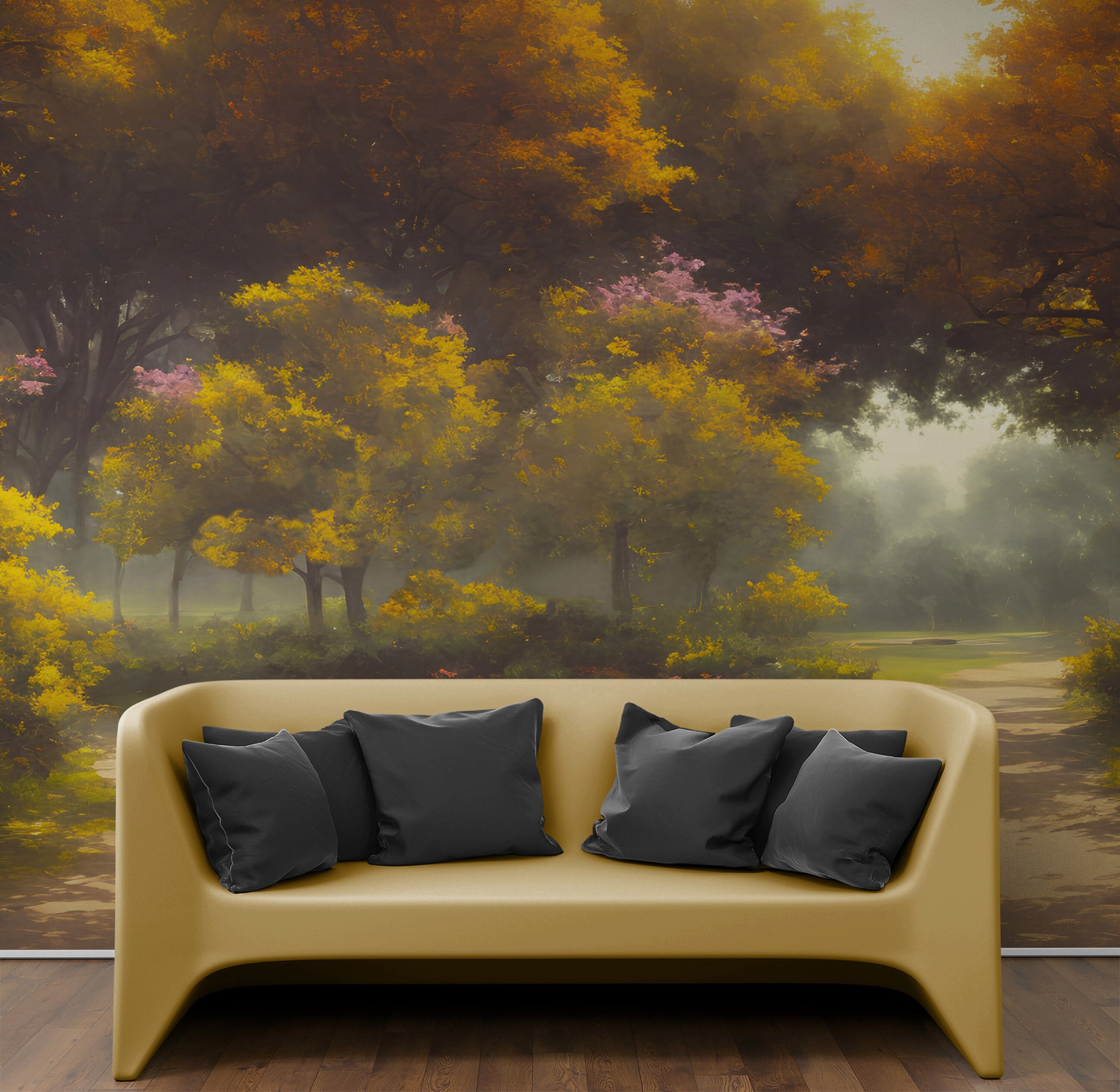 Vintage Trees in Park Wallpaper. Peel and Stick Wall Mural. #6496