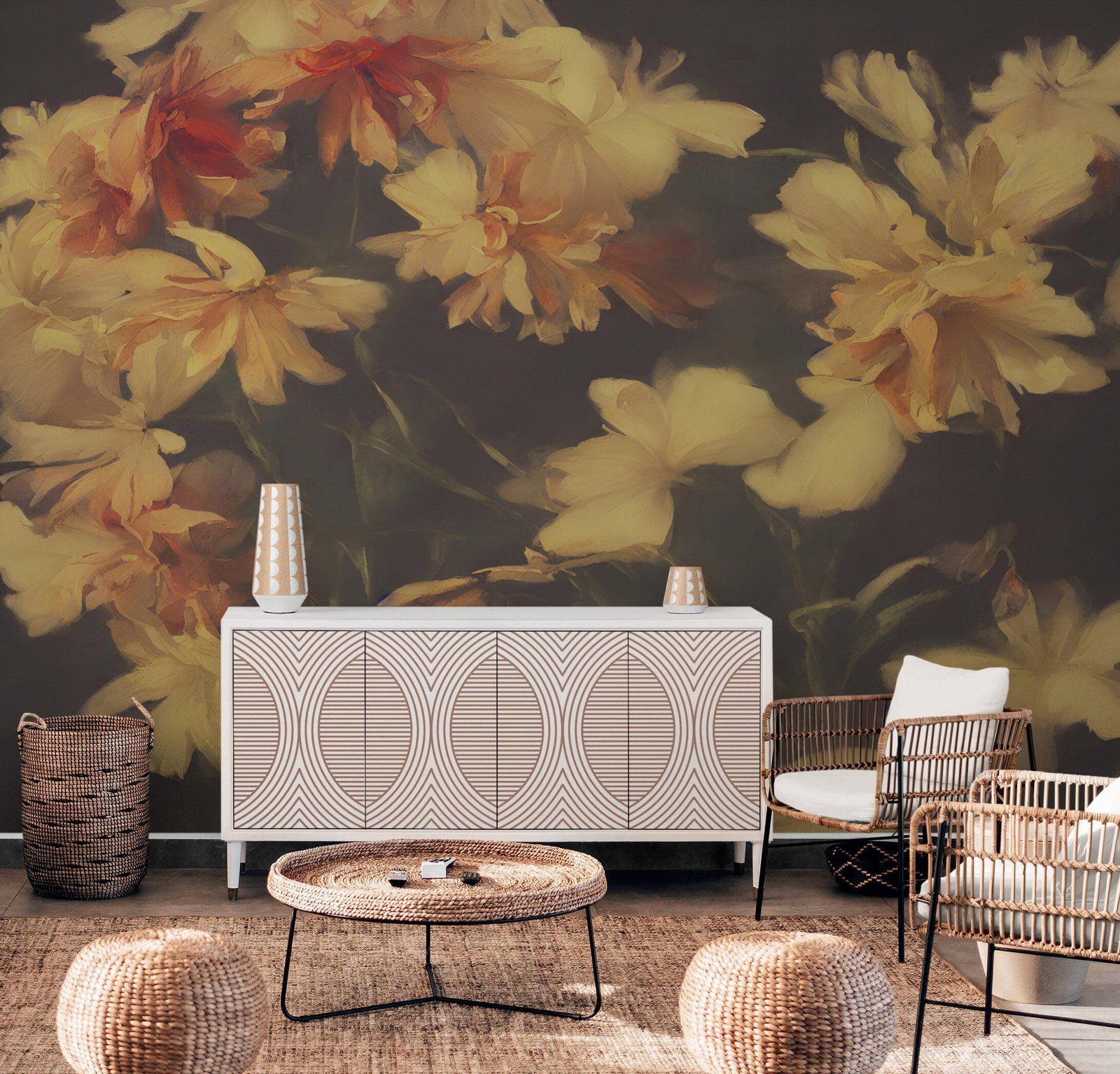 Vintage Dark Background with Yellow Flowers Botanical Wallpaper. #6497