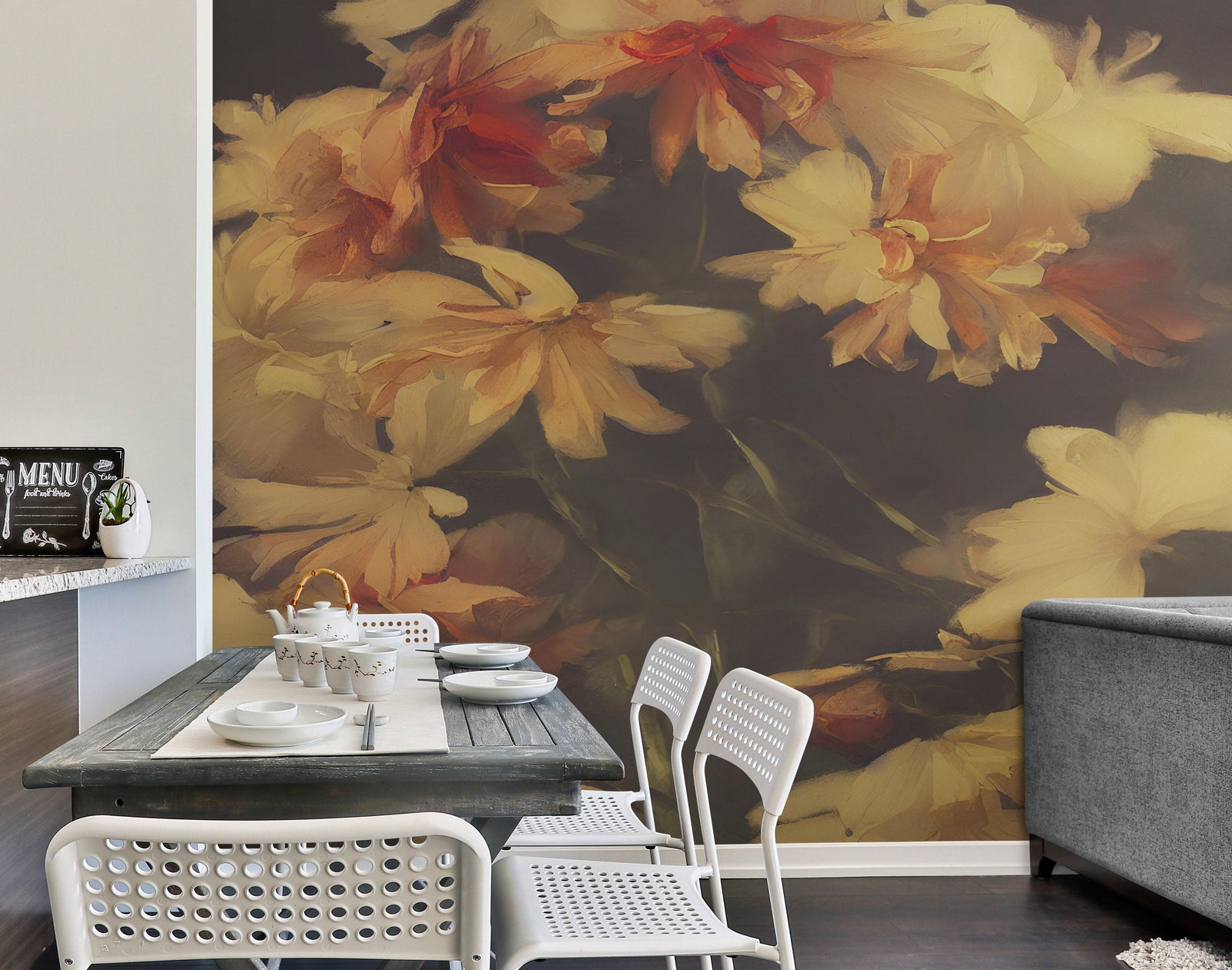 Vintage Dark Background with Yellow Flowers Botanical Wallpaper. #6497