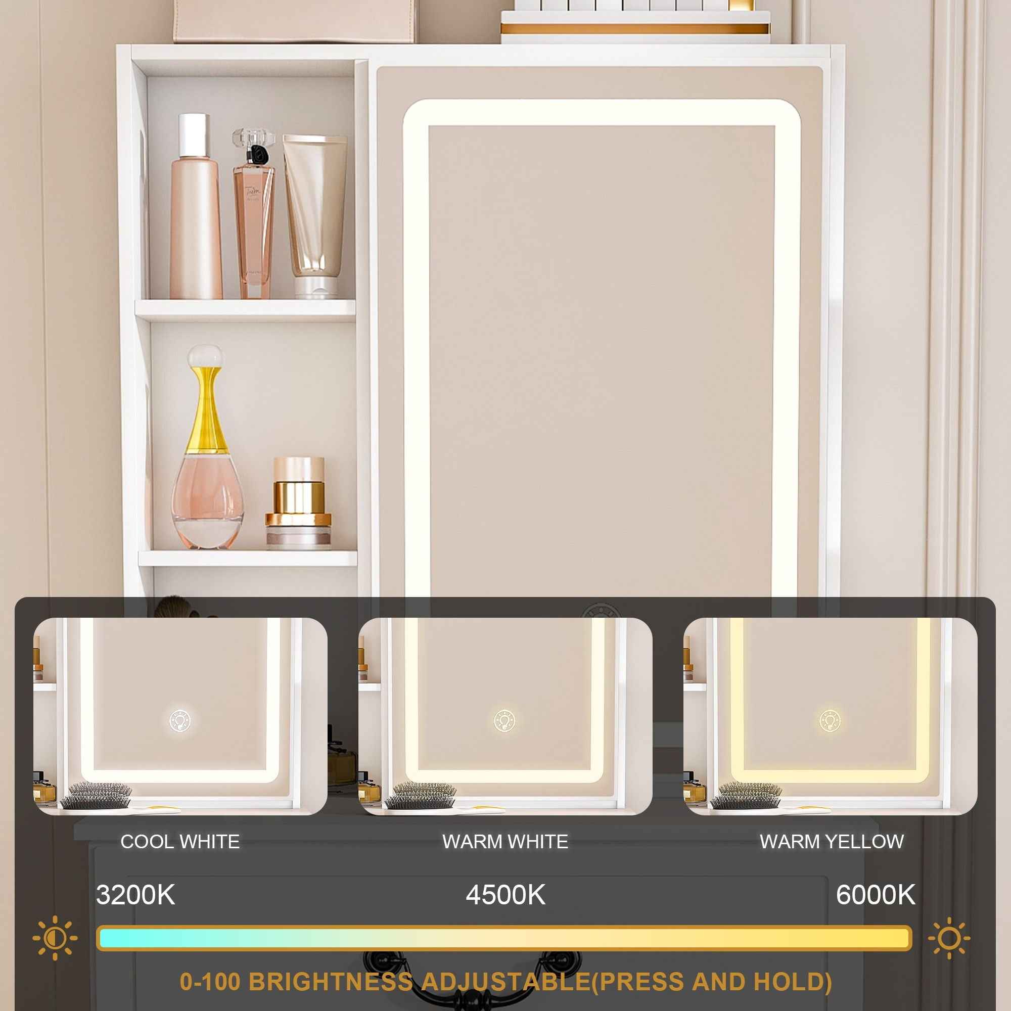 Modern Mini Dressing Table With Led-Lit Mirror & Hidden Storage, Adjustable Brightness Vanity Desk - White