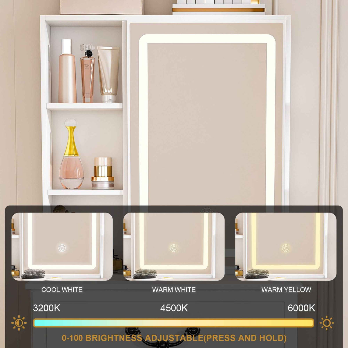 Modern Mini Dressing Table With Led-Lit Mirror & Hidden Storage, Adjustable Brightness Vanity Desk - White