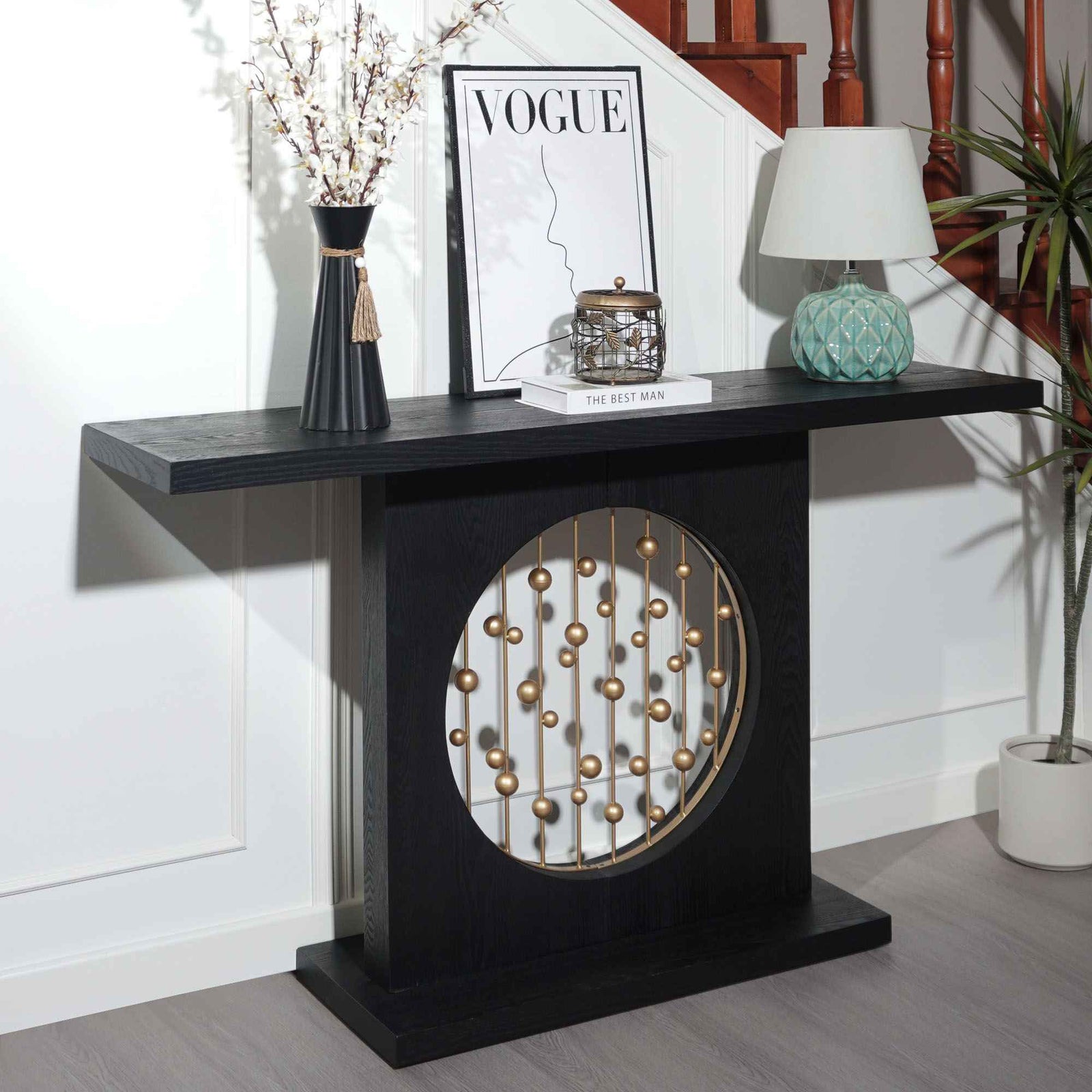Console Table With Circular Art Decor For Living Room - Multi