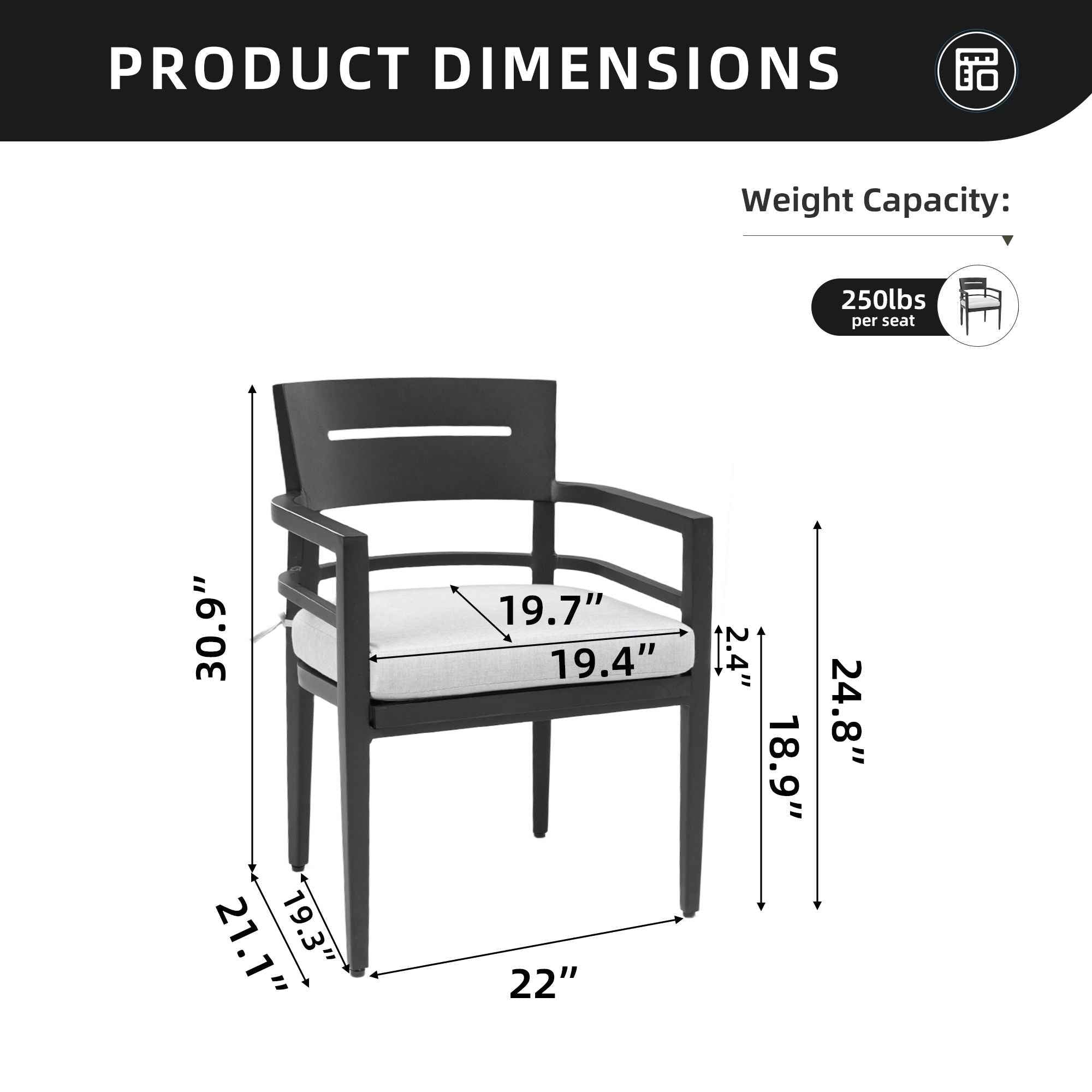Outdoor Patio Dining Chairs With Outdoor Grade Sunbrella Fabric Cushions, Tapered Feet (Set of 4) - Ember Black