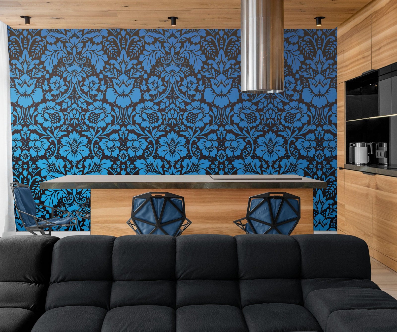 Damask Wallpaper Blue Color on Dark Background Pattern Wallpaper Peel and Stick Wall Mural Home Decor #6518