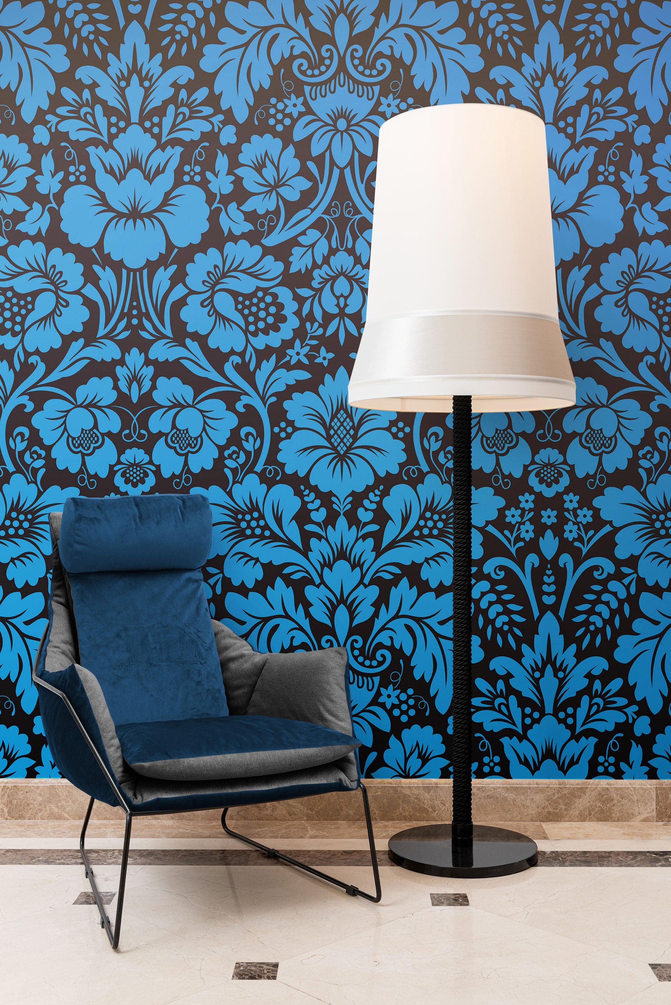 Damask Wallpaper Blue Color on Dark Background Pattern Wallpaper Peel and Stick Wall Mural Home Decor #6518
