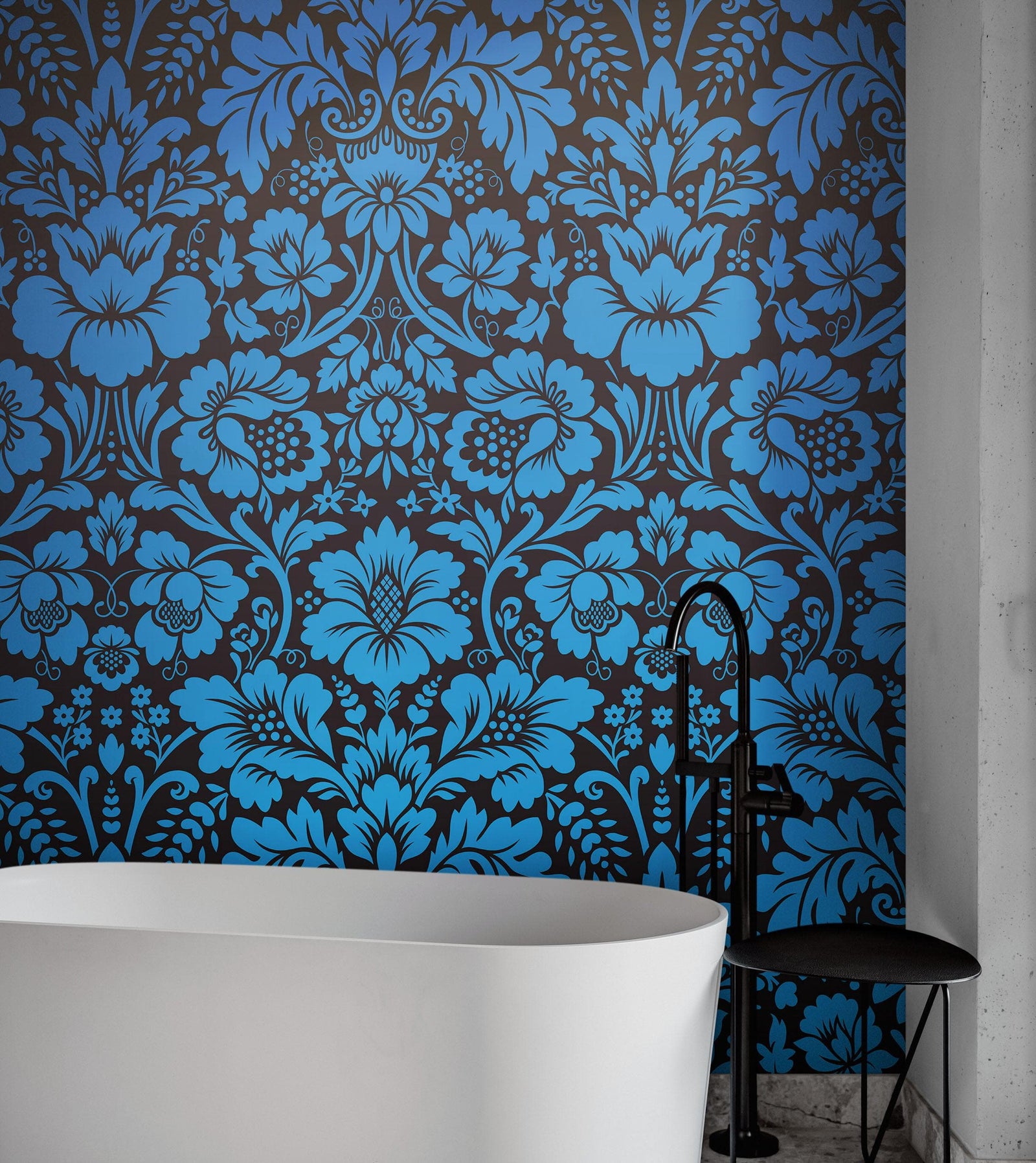 Damask Wallpaper Blue Color on Dark Background Pattern Wallpaper Peel and Stick Wall Mural Home Decor #6518