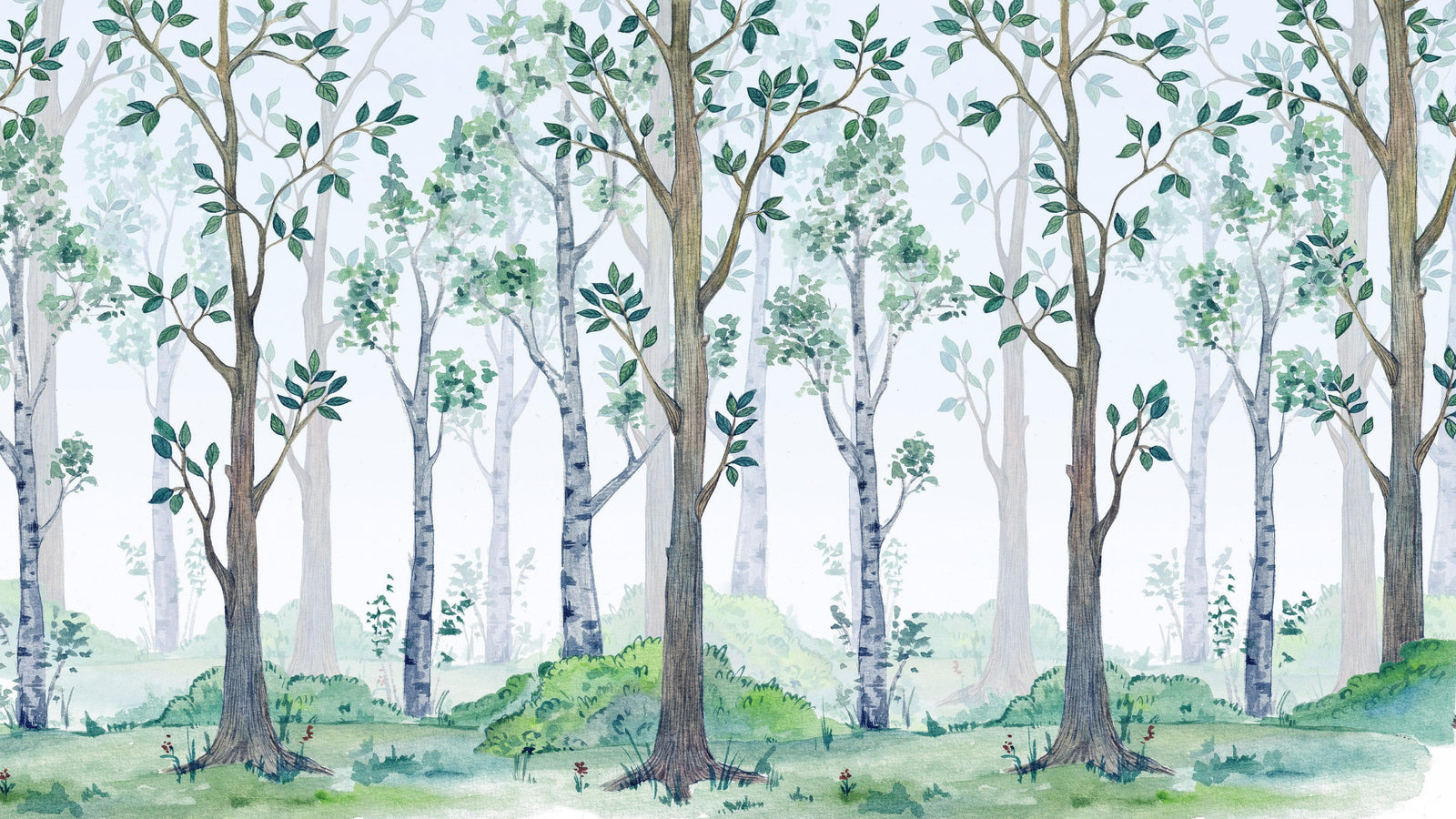 Nursery Woodland Forest Wallpaper. Watercolor Birch Tree Forest Wall Mural. #6525