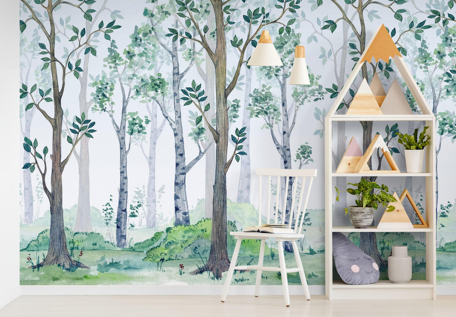 Nursery Woodland Forest Wallpaper. Watercolor Birch Tree Forest Wall Mural. #6525