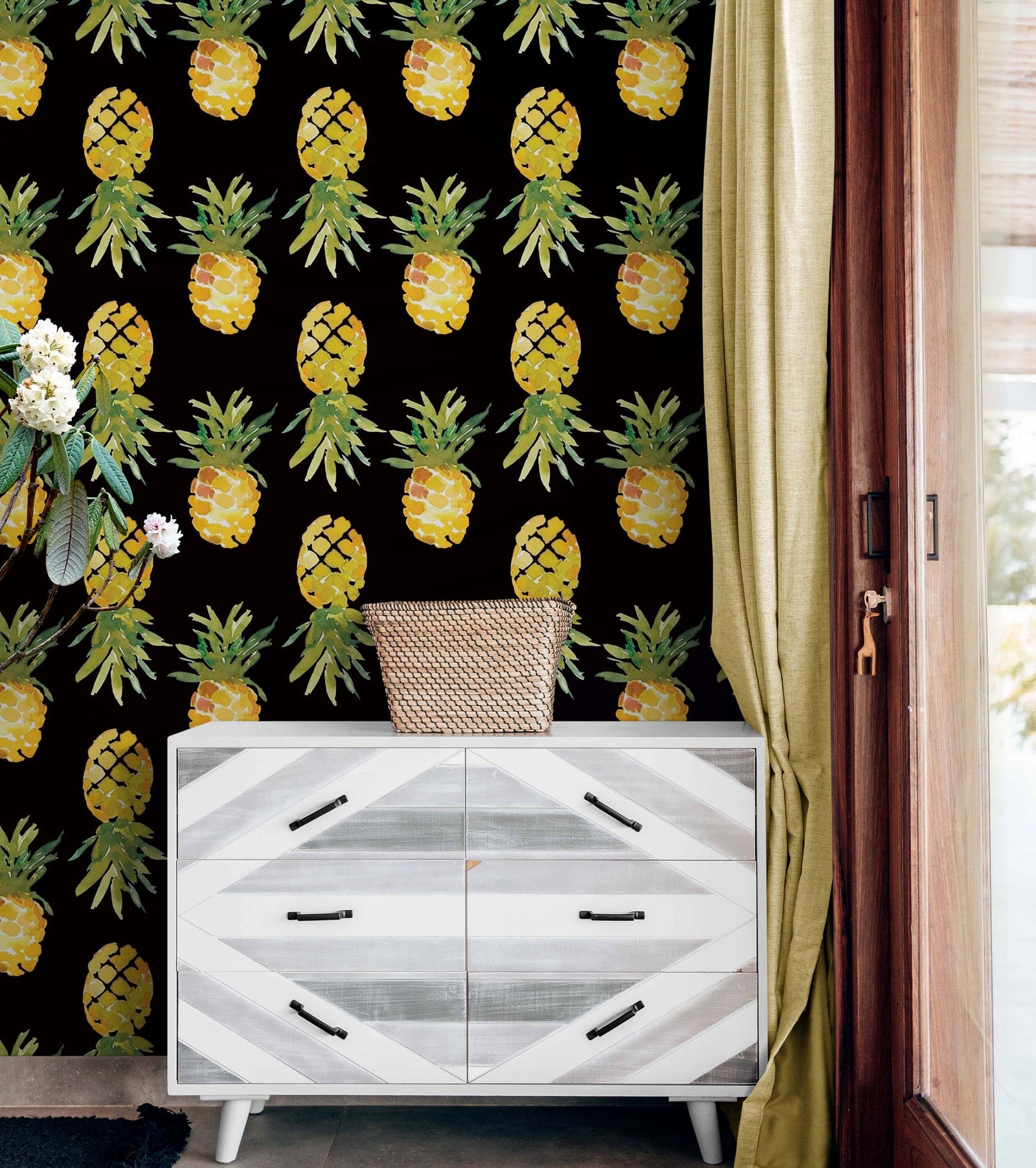 Pineapple Wallpaper. Pink, Purple, or Black Color Peel and Stick Wall Mural. #6538