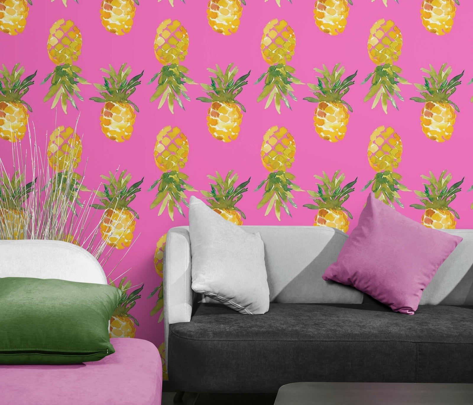 Pineapple Wallpaper. Pink, Purple, or Black Color Peel and Stick Wall Mural. #6538