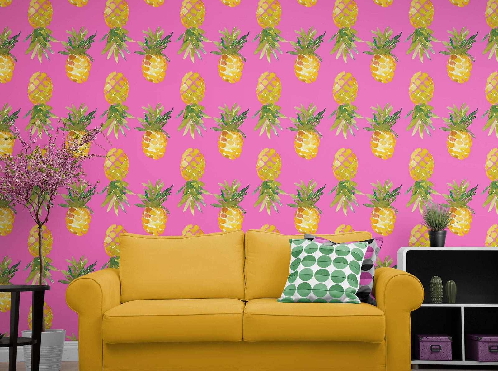 Pineapple Wallpaper. Pink, Purple, or Black Color Peel and Stick Wall Mural. #6538