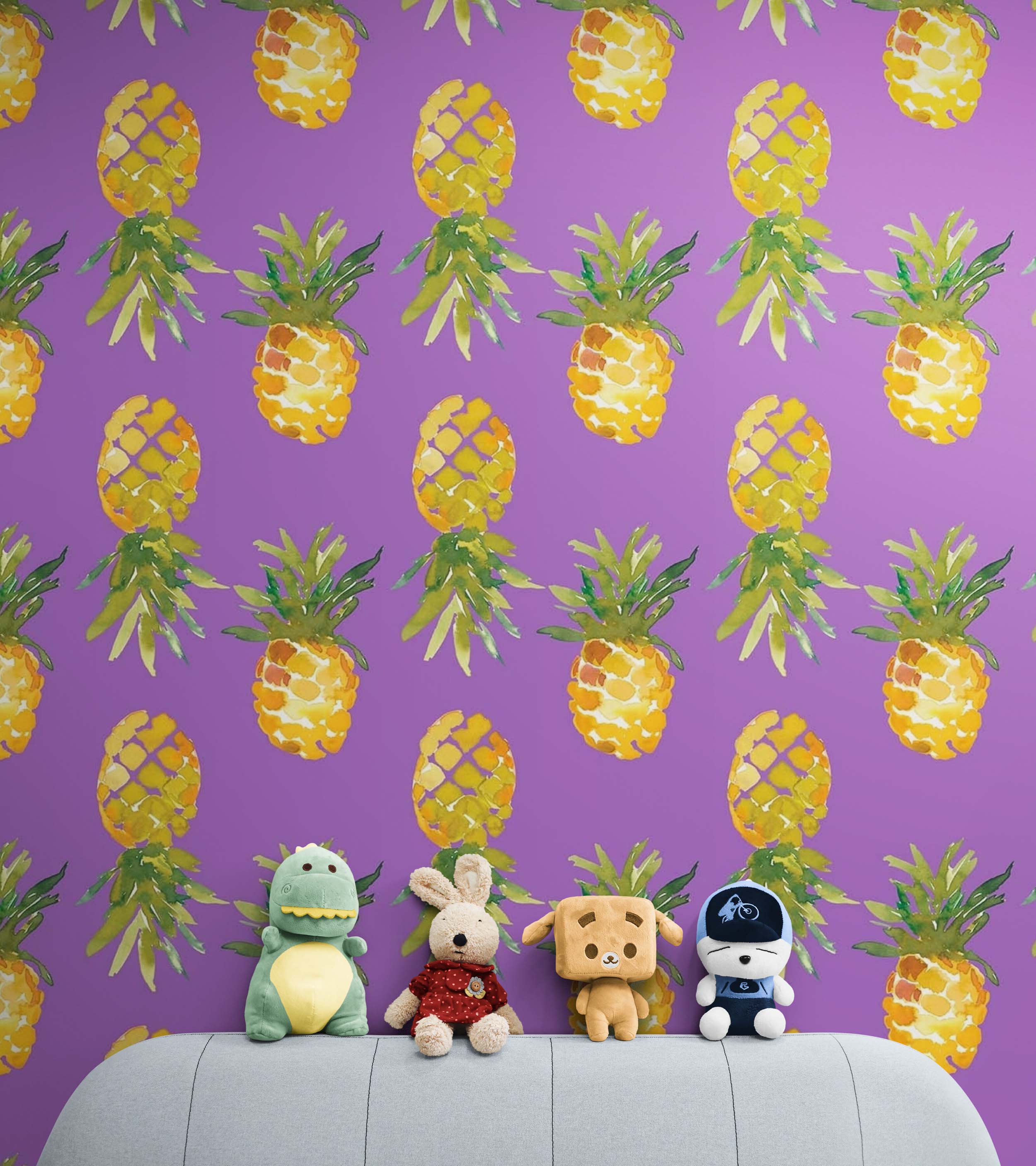 Pineapple Wallpaper. Pink, Purple, or Black Color Peel and Stick Wall Mural. #6538