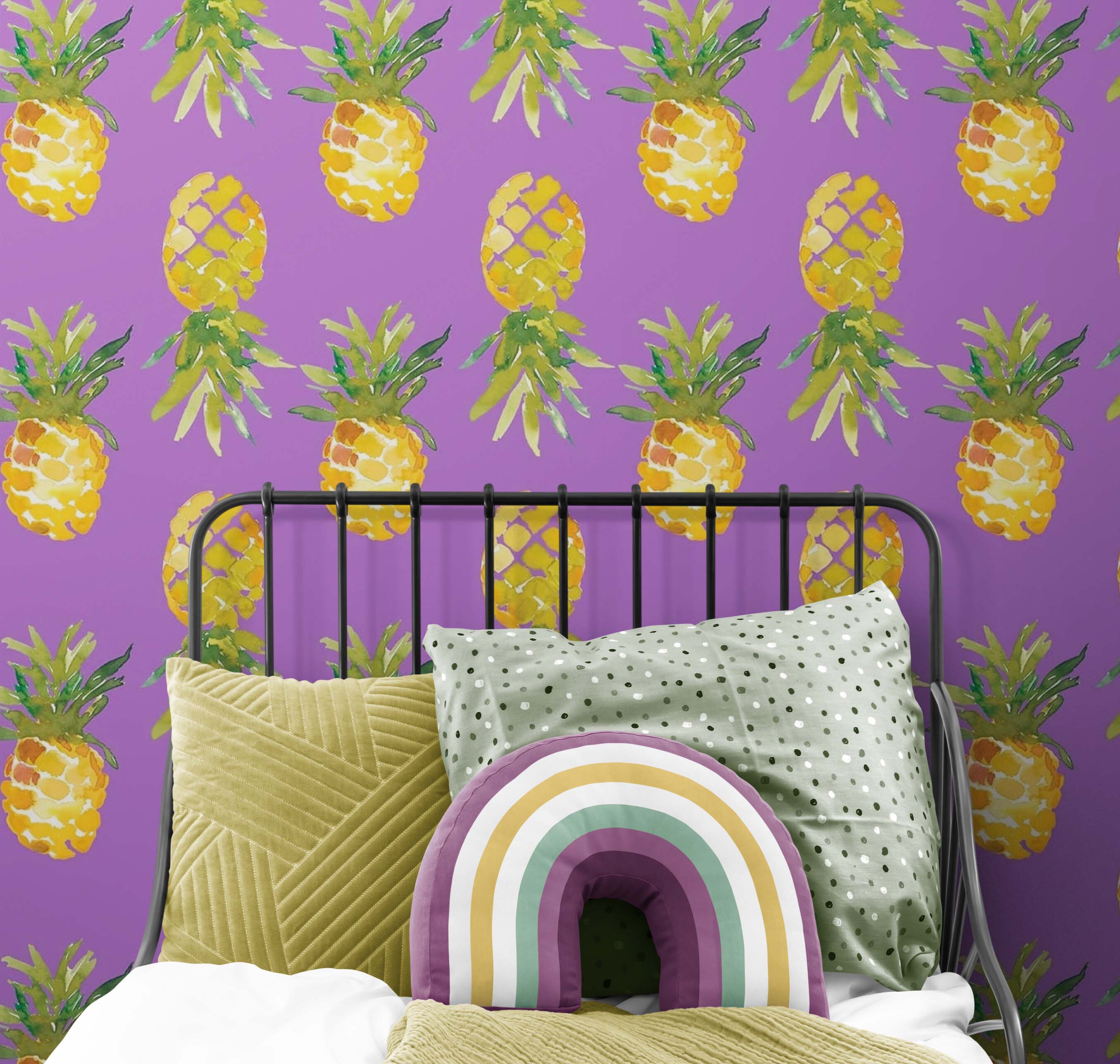 Pineapple Wallpaper. Pink, Purple, or Black Color Peel and Stick Wall Mural. #6538