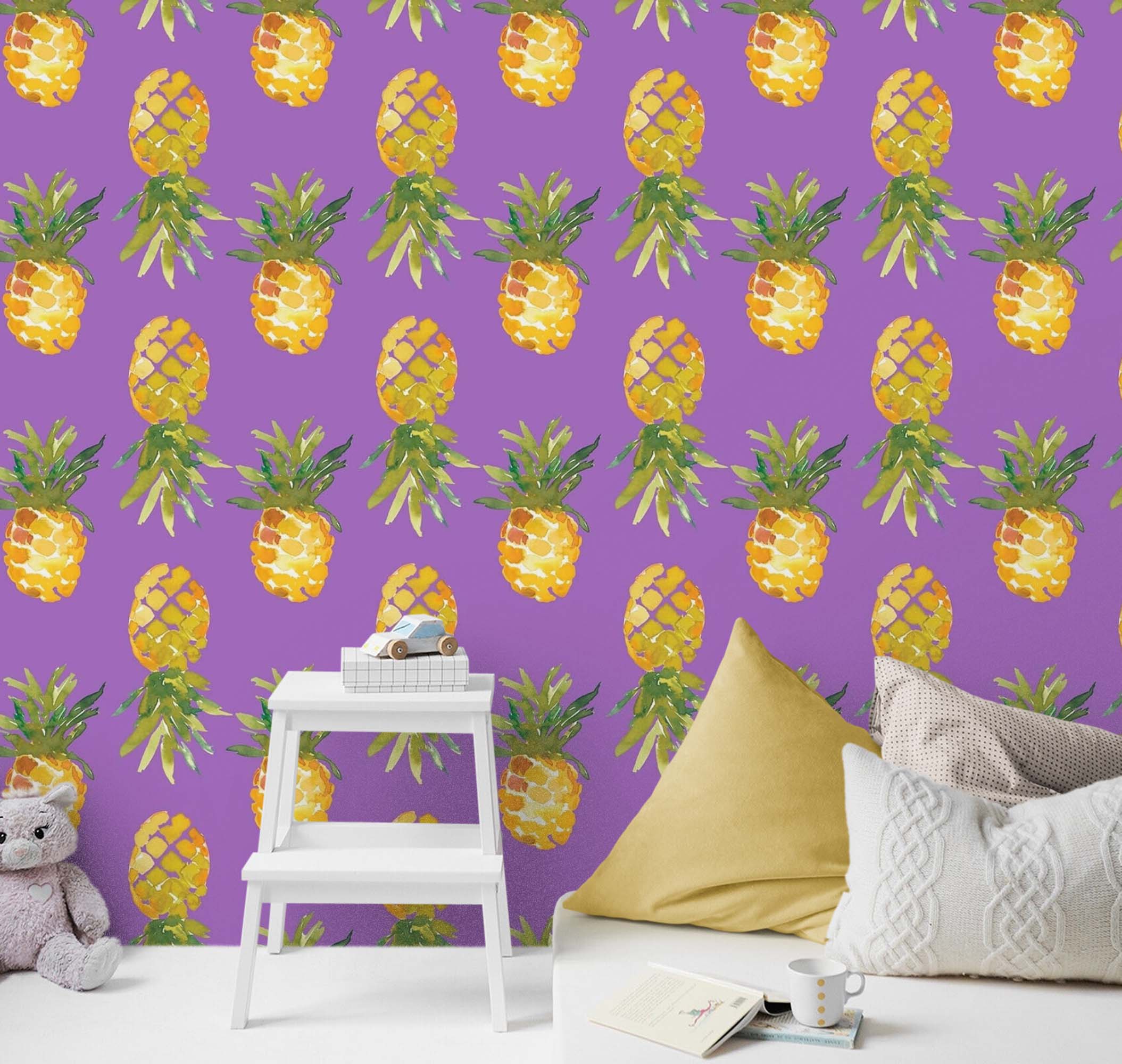 Pineapple Wallpaper. Pink, Purple, or Black Color Peel and Stick Wall Mural. #6538