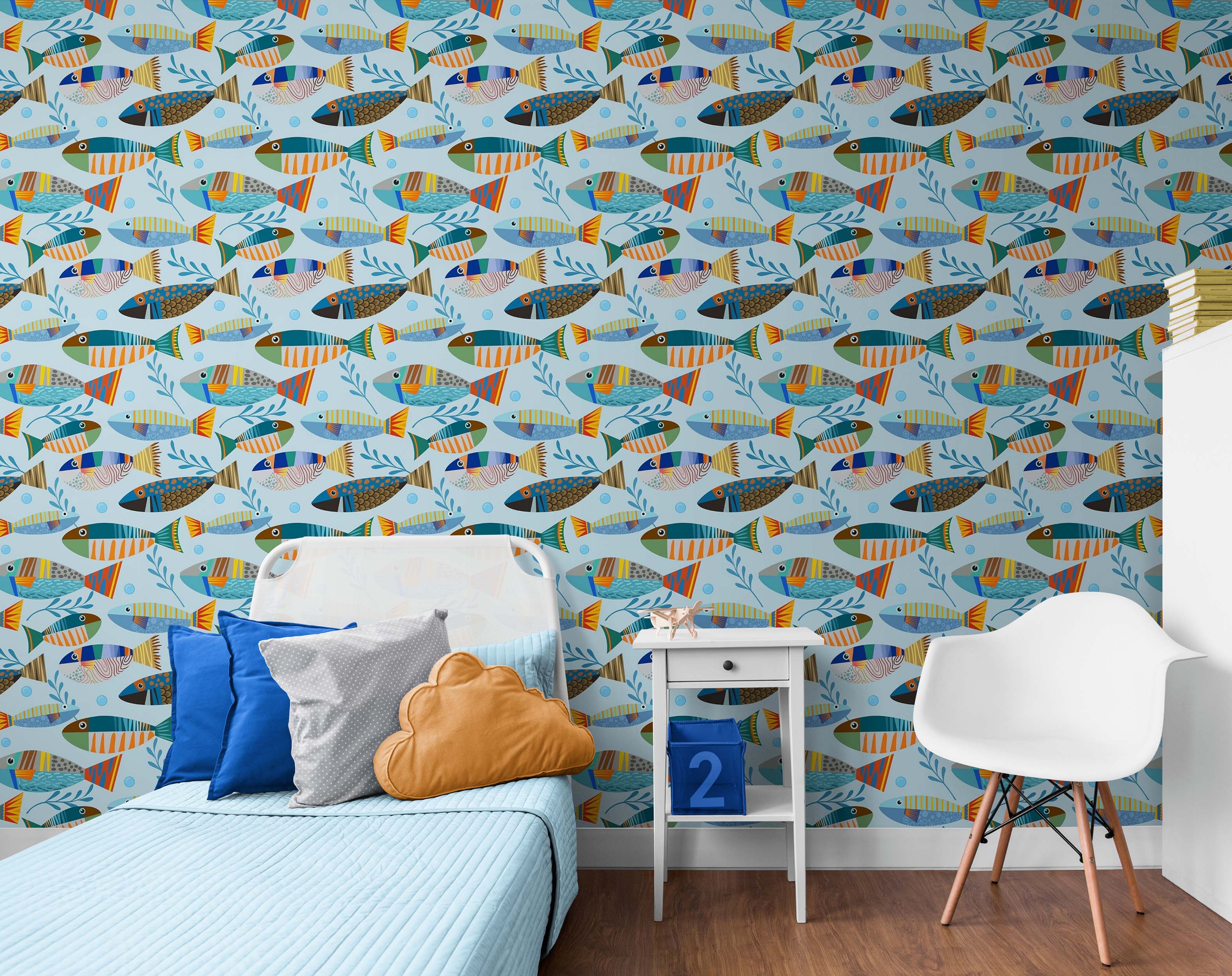 Underwater Fish Wallpaper. Colorful Tropical Fish Pattern Peel and Stick Wall Mural. #6540