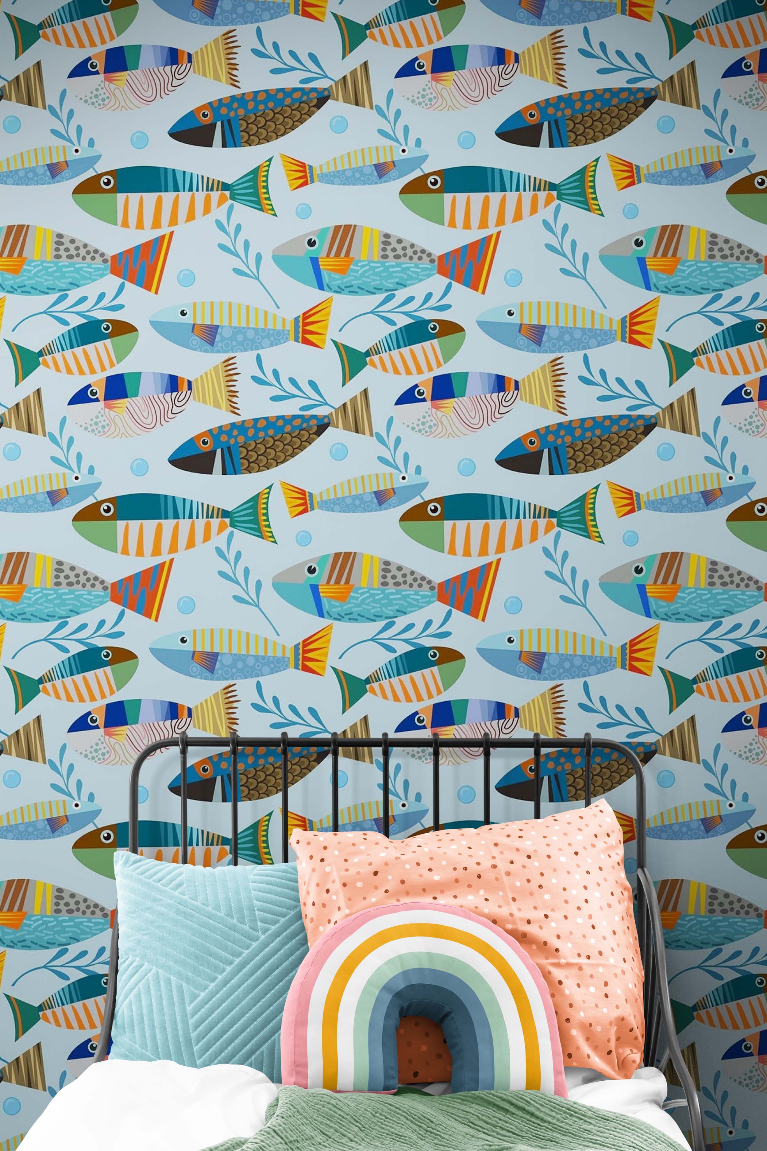 Underwater Fish Wallpaper. Colorful Tropical Fish Pattern Peel and Stick Wall Mural. #6540