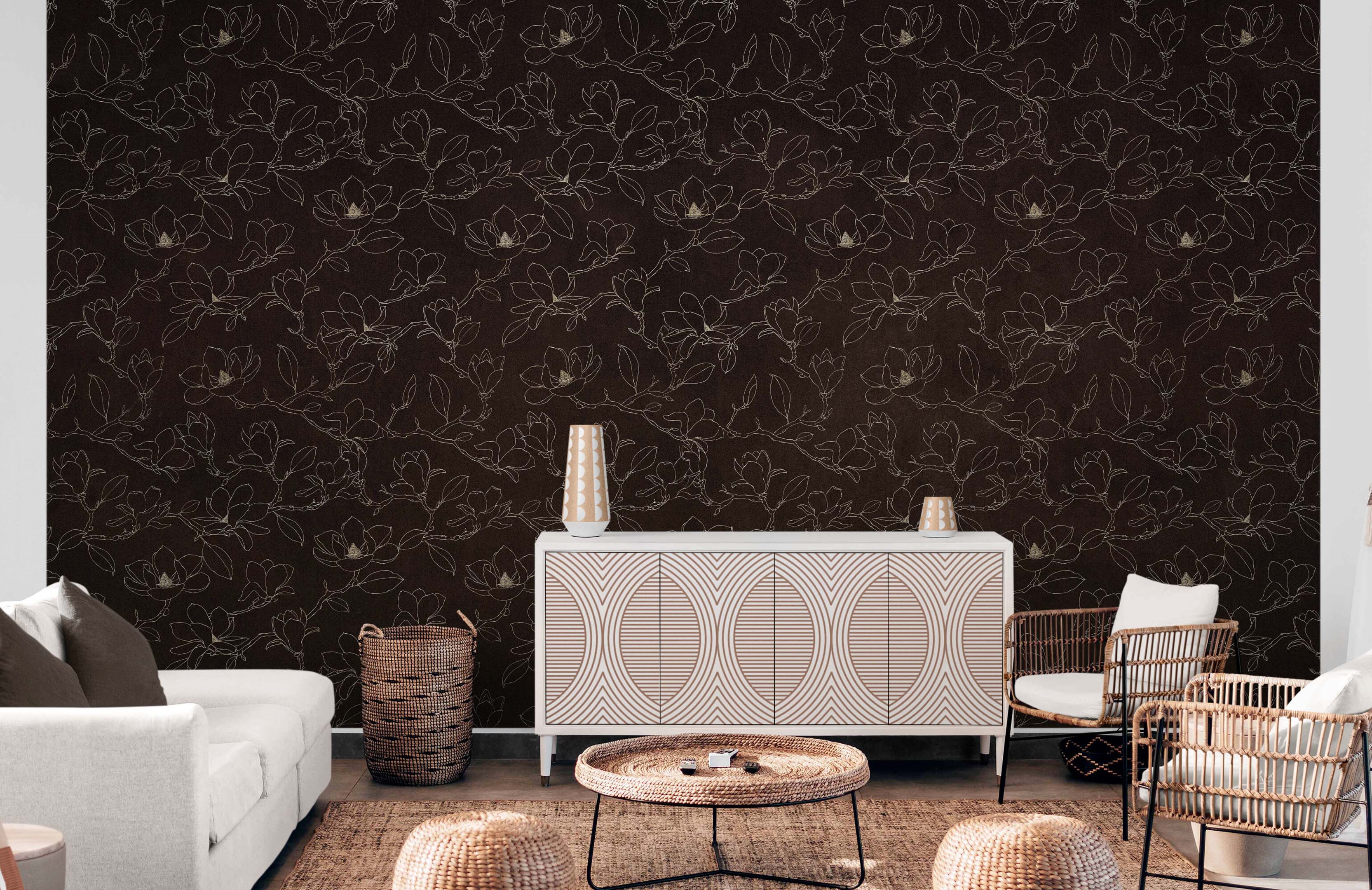 Dark Brown Wallpaper. Chinoiserie Flower Pattern Wallpaper. #6557