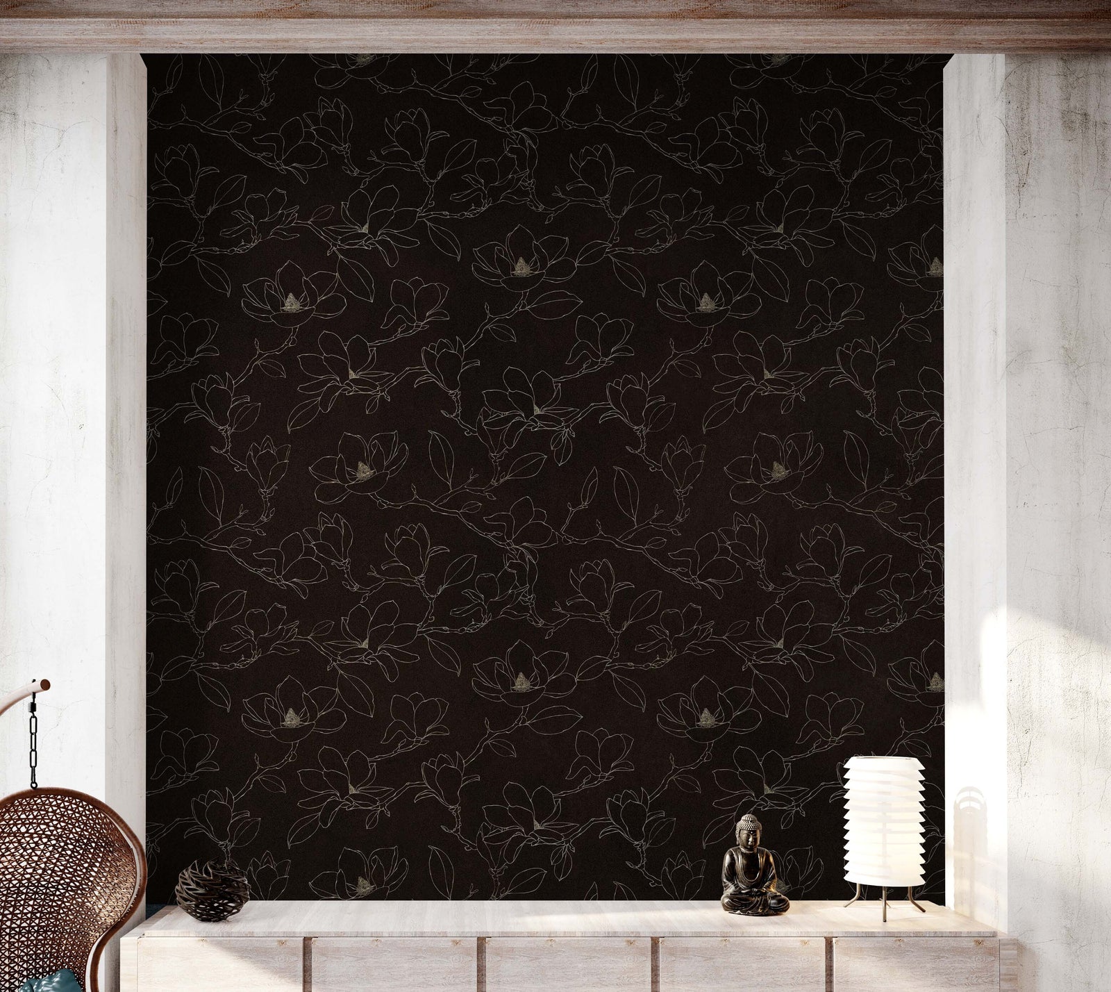 Dark Brown Wallpaper. Chinoiserie Flower Pattern Wallpaper. #6557
