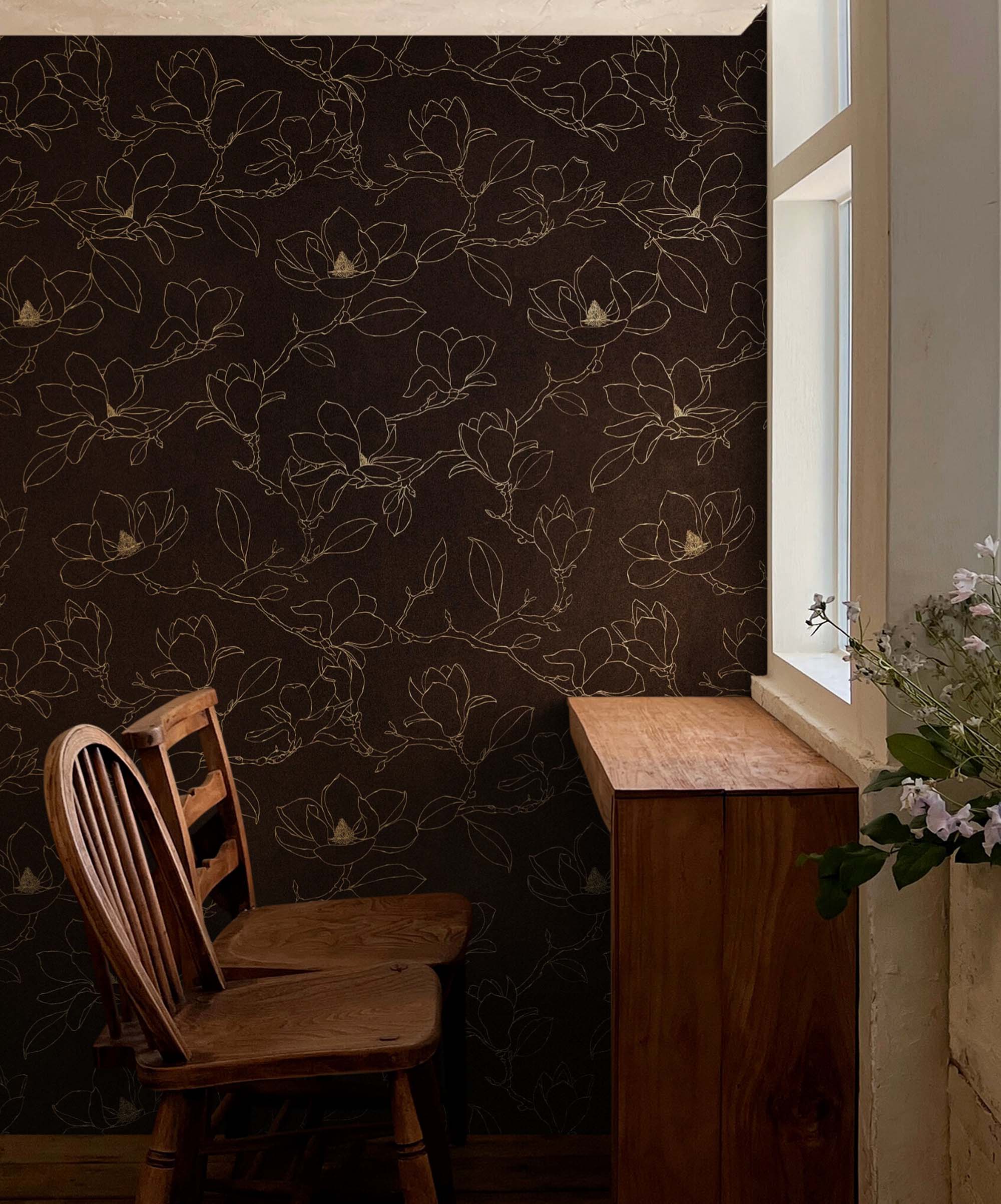 Dark Brown Wallpaper. Chinoiserie Flower Pattern Wallpaper. #6557