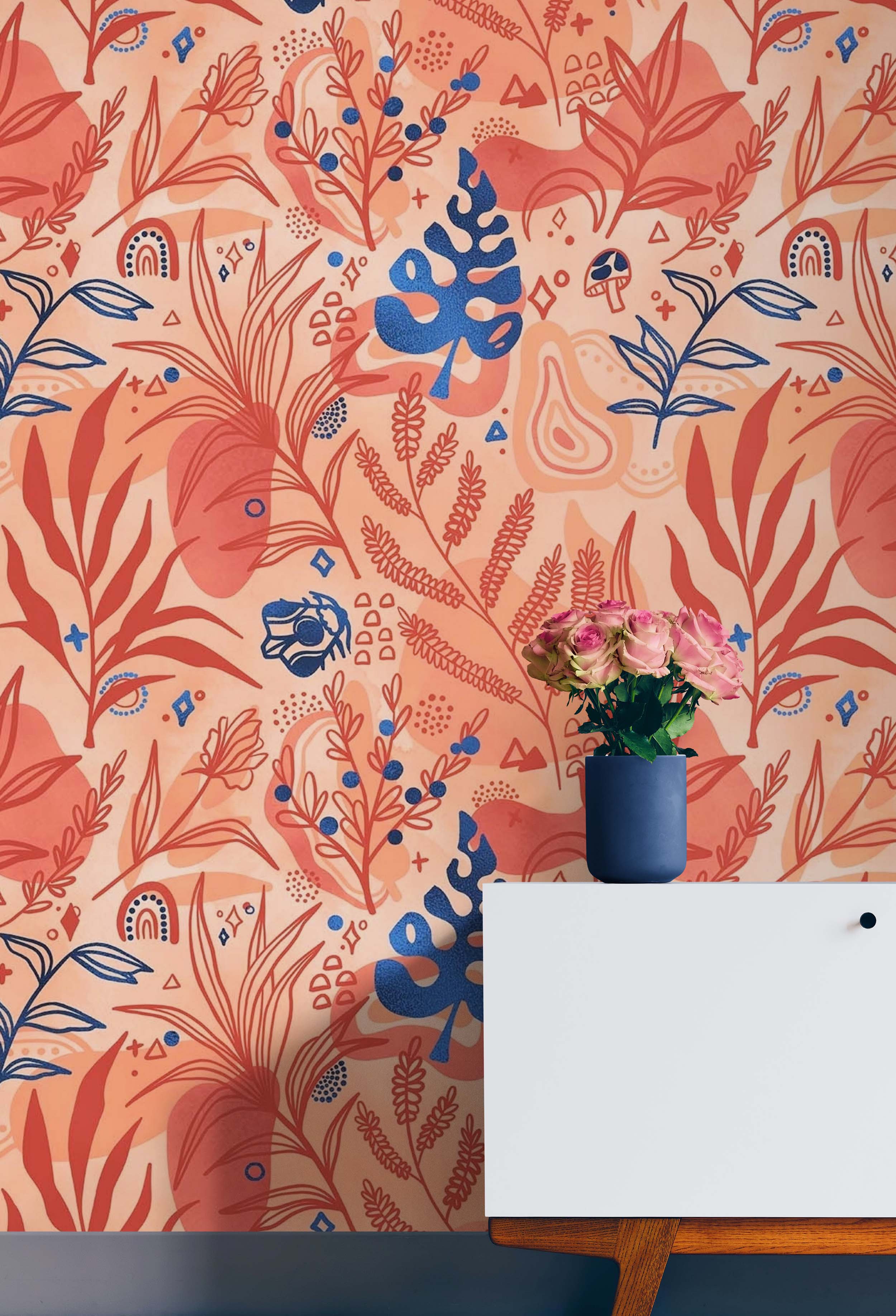 Fern Botanical Wallpaper. Colorful Orange Wall Mural. #6558