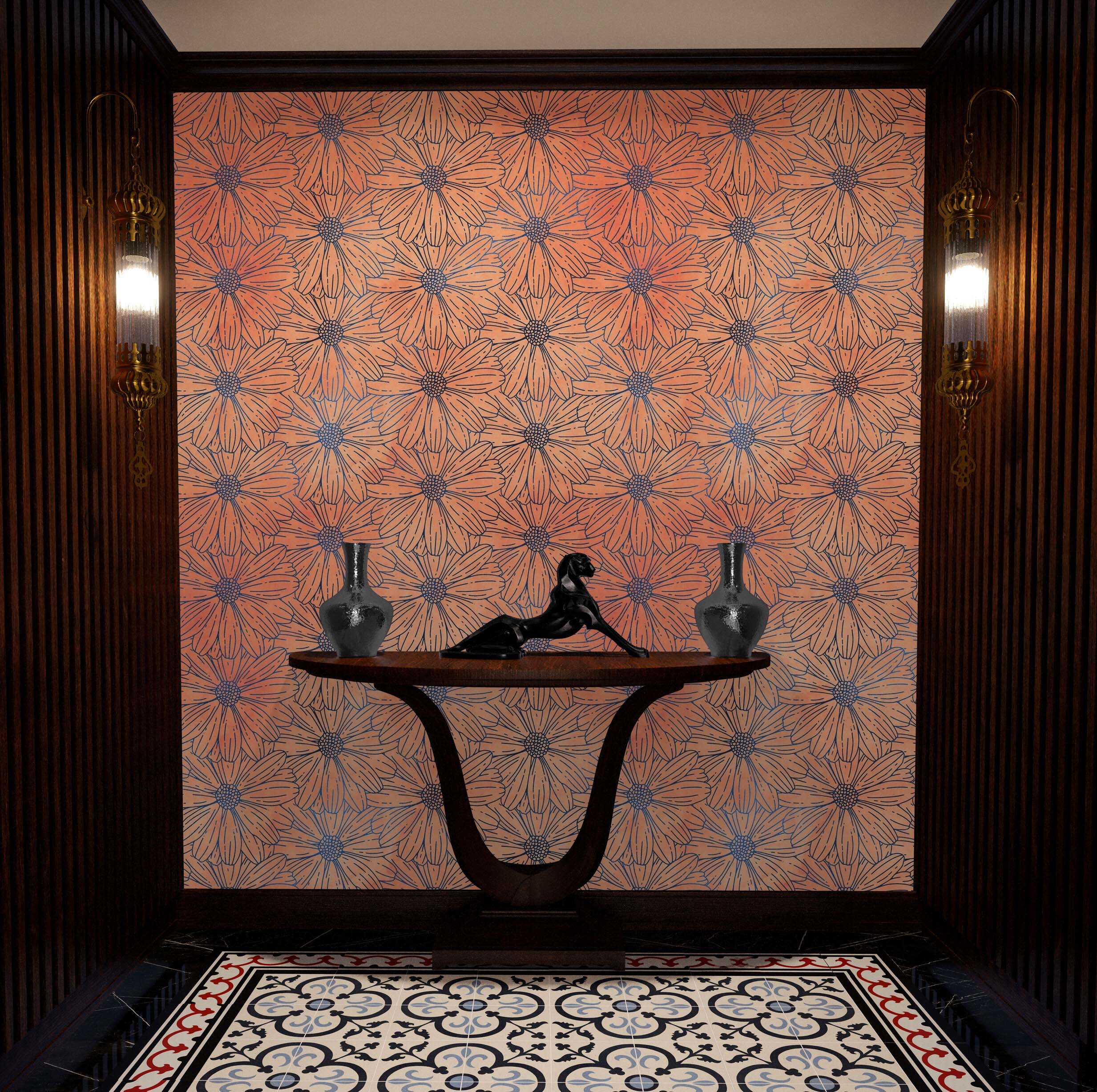 Flower Wallpaper - Botanical Wallpaper - Wildflower Nature Pattern - Floral Peel and Stick Wall Mural. Peach Color Blossom Flower Mural. #6559