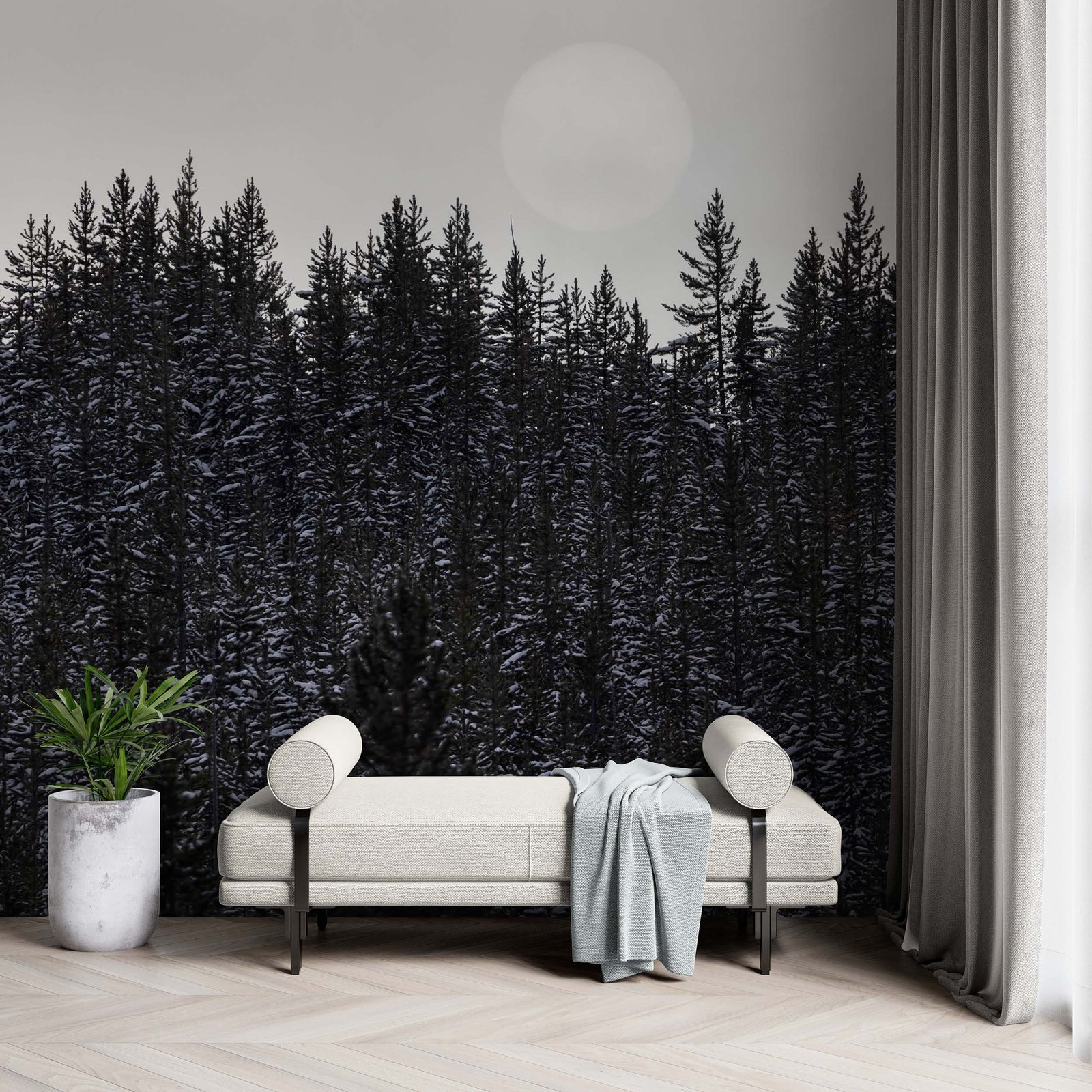 Foggy Forest Wall Mural. Peel and Stick Wallpaper. Monotone Grey Nature Wallpaper. Rain Forest Wall Mural. #6560