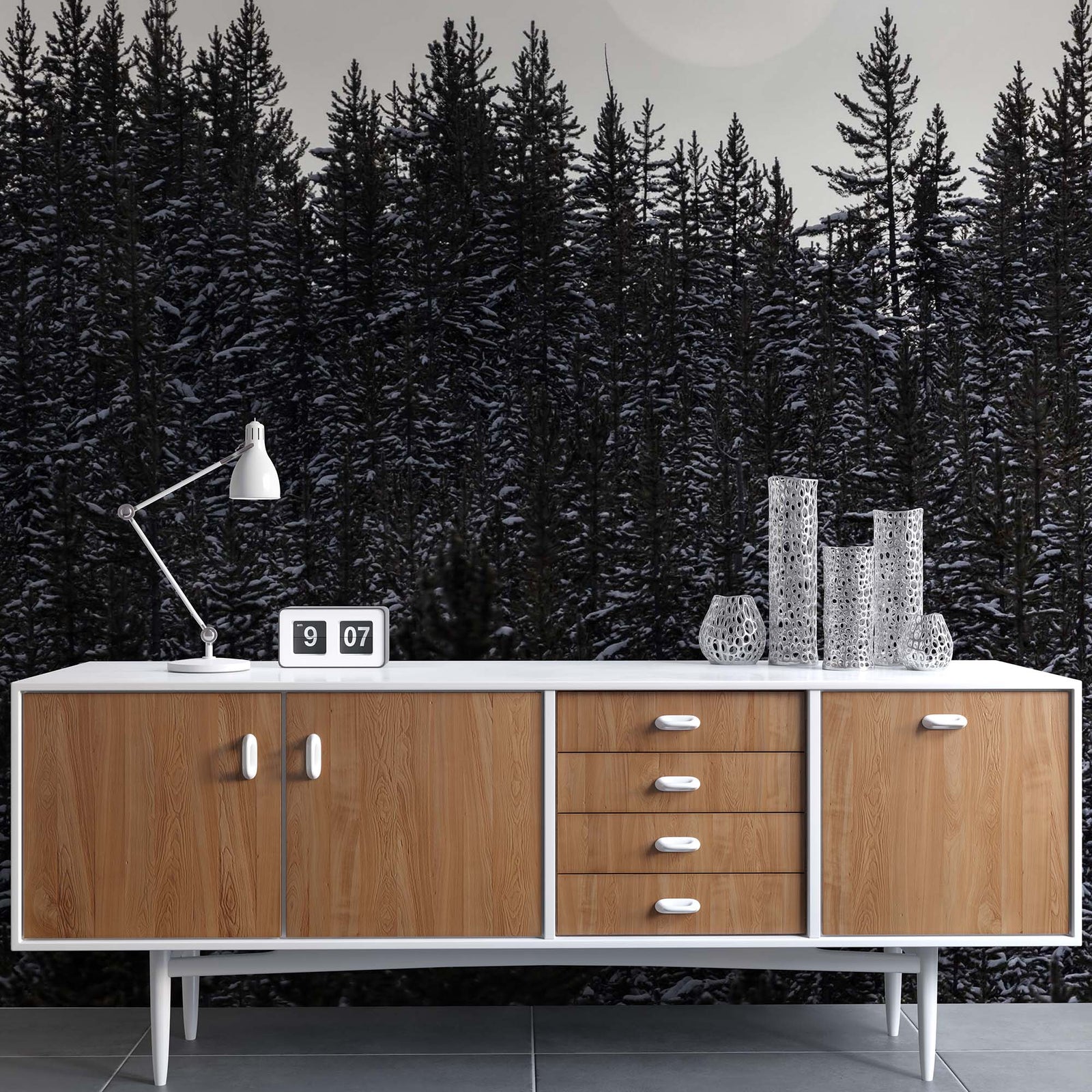 Foggy Forest Wall Mural. Peel and Stick Wallpaper. Monotone Grey Nature Wallpaper. Rain Forest Wall Mural. #6560