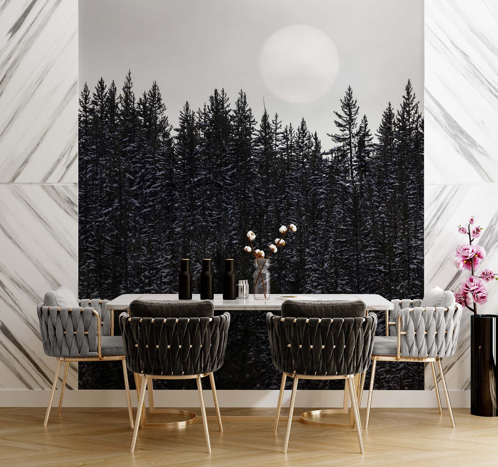 Foggy Forest Wall Mural. Peel and Stick Wallpaper. Monotone Grey Nature Wallpaper. Rain Forest Wall Mural. #6560