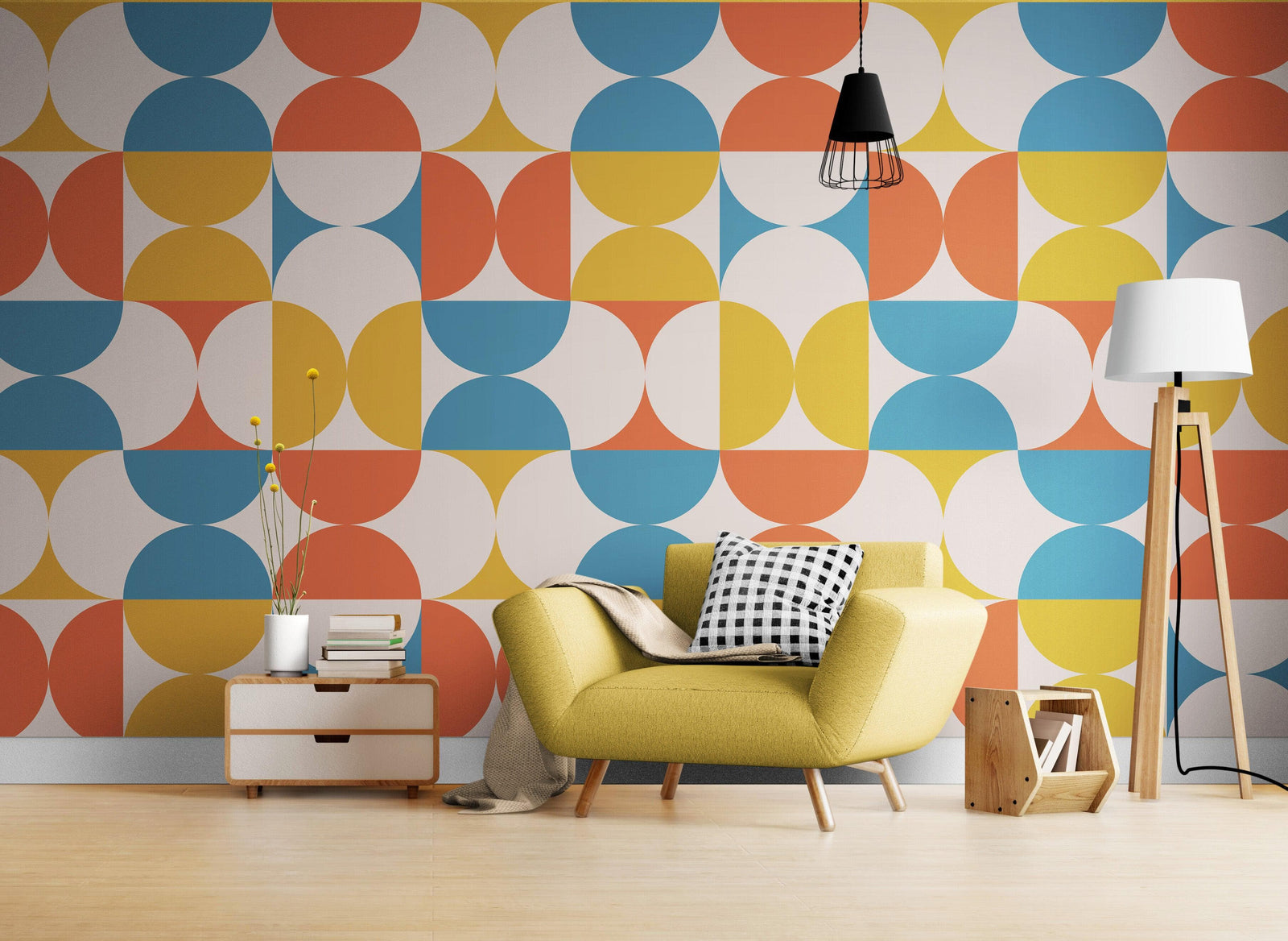 Retro Circle Geometric Wallpaper Peel and Stick Mural. Groovy Shape Patterns Mid Century Modern Retro Design. #6578
