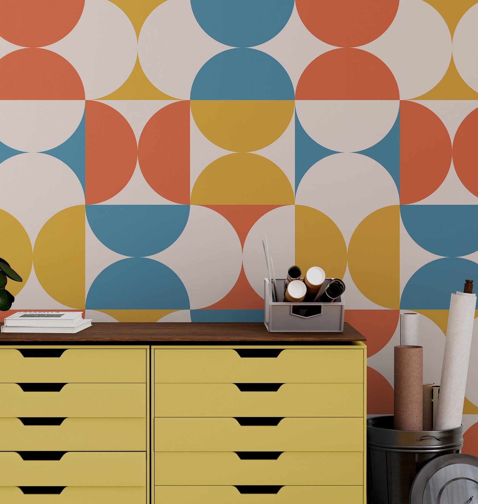 Retro Circle Geometric Wallpaper Peel and Stick Mural. Groovy Shape Patterns Mid Century Modern Retro Design. #6578