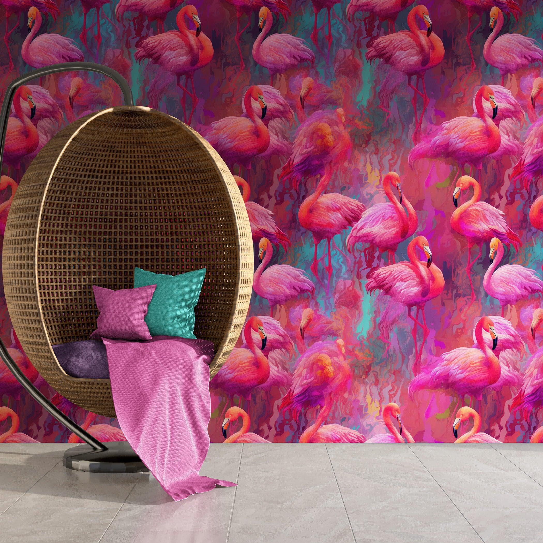 Bright Pink Flamingos Wallpaper - Modern Miami Vibes, Tropical Home Decor #6581