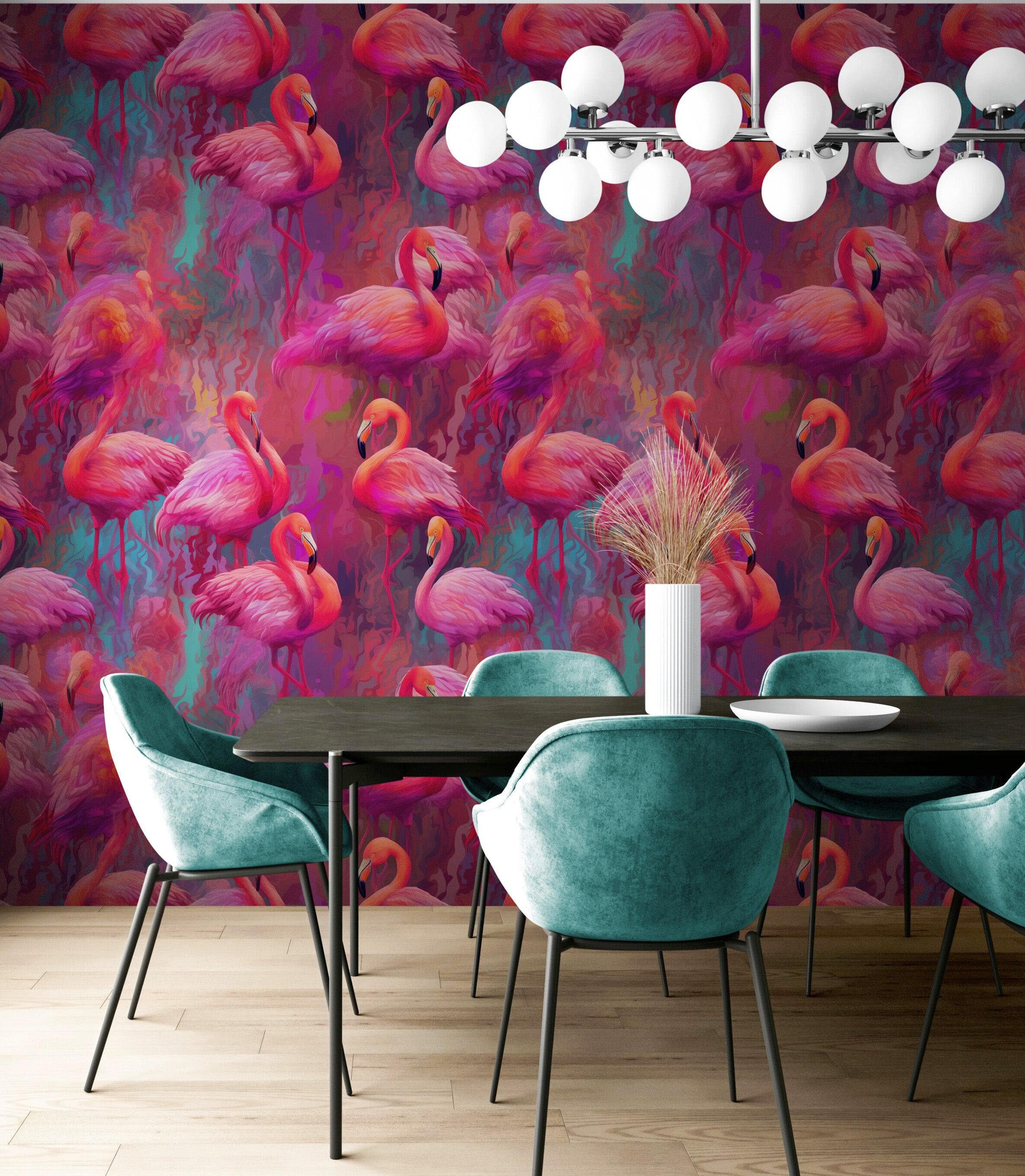 Bright Pink Flamingos Wallpaper - Modern Miami Vibes, Tropical Home Decor #6581