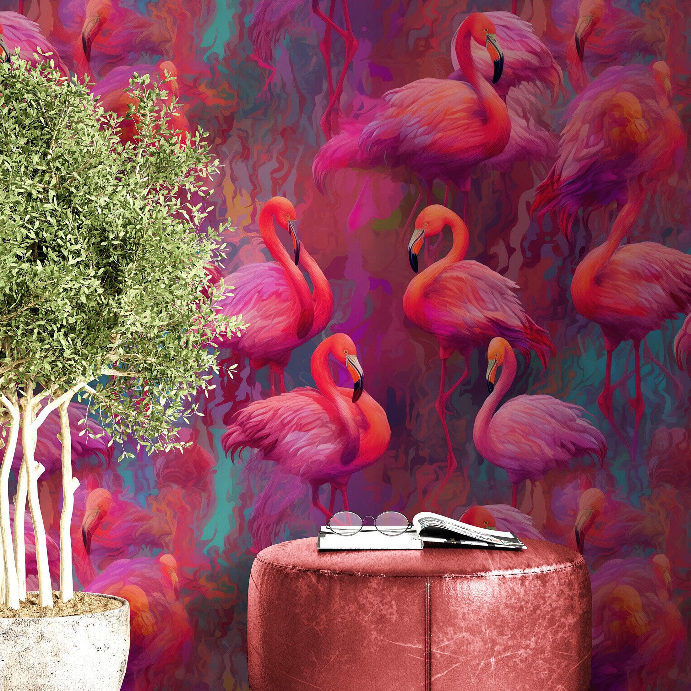 Bright Pink Flamingos Wallpaper - Modern Miami Vibes, Tropical Home Decor #6581