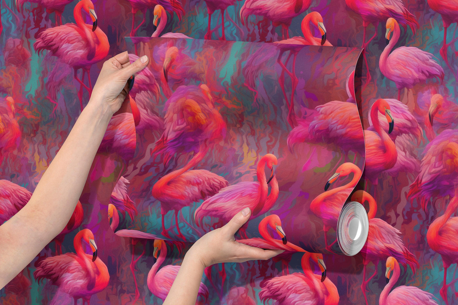 Bright Pink Flamingos Wallpaper - Modern Miami Vibes, Tropical Home Decor #6581