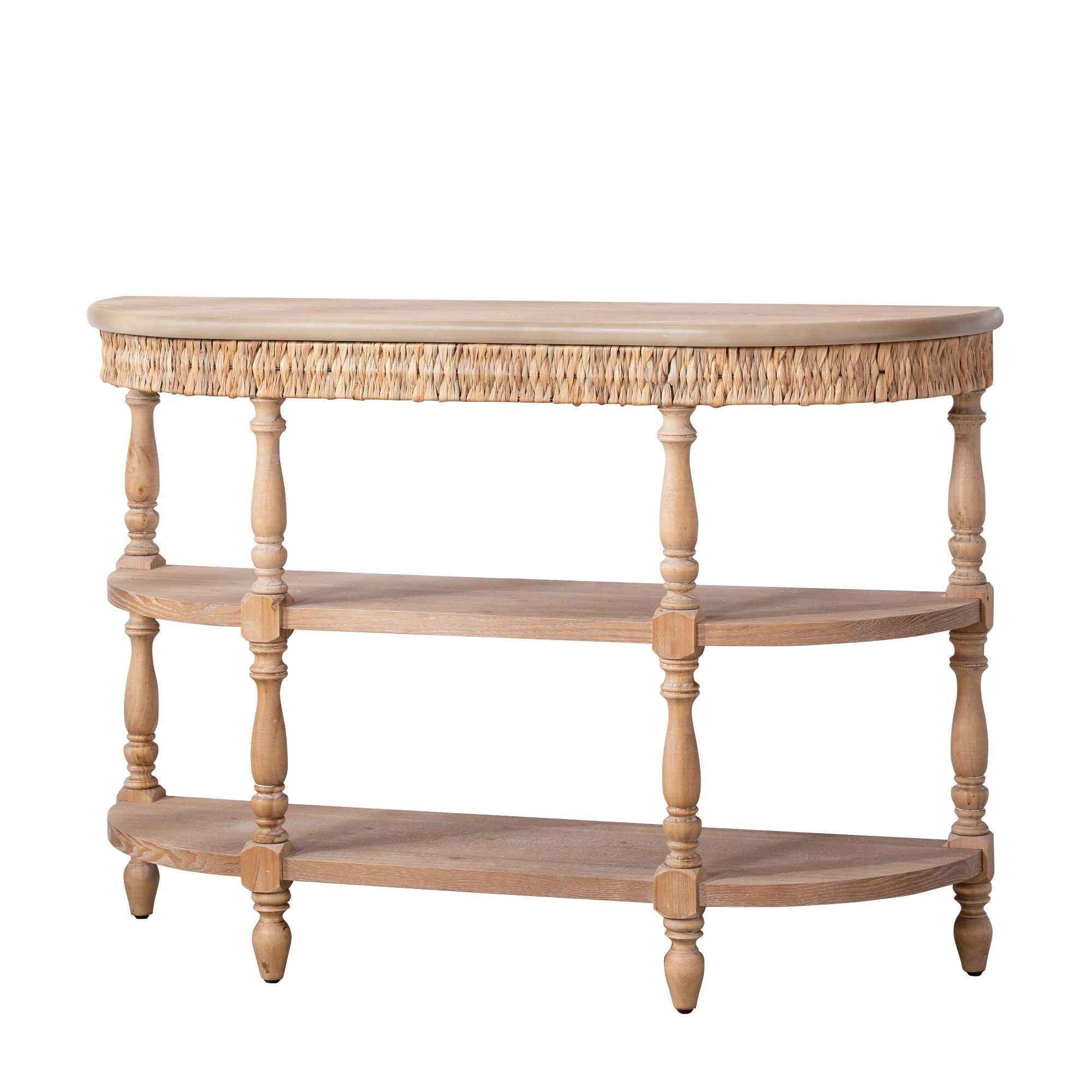 Handcrafted Console Table With Hand Woven Trim, 3 Tier Storage Shelves - Natural