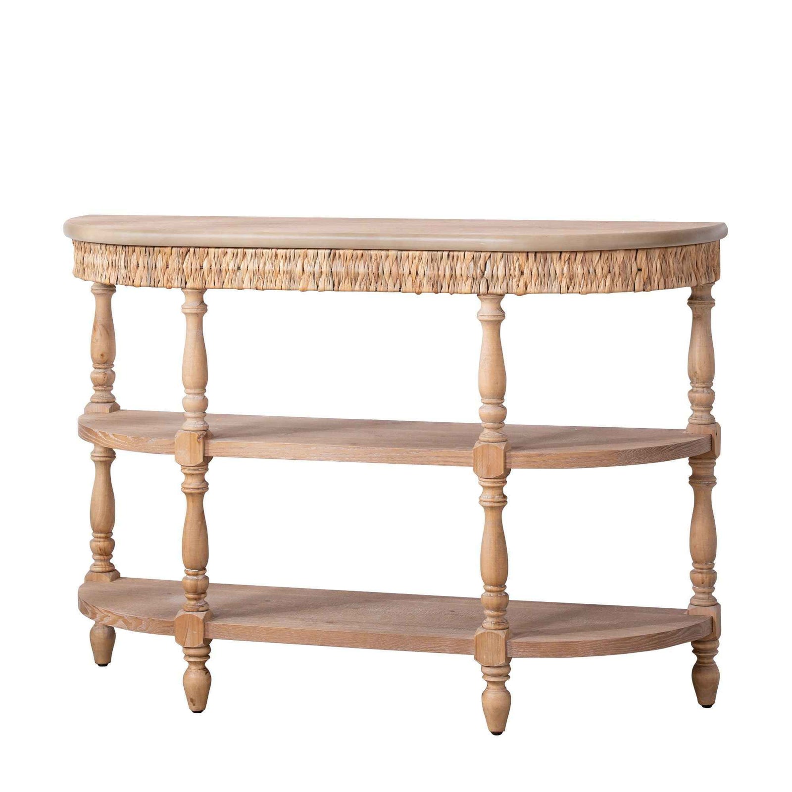 Handcrafted Console Table With Hand Woven Trim, 3 Tier Storage Shelves - Natural