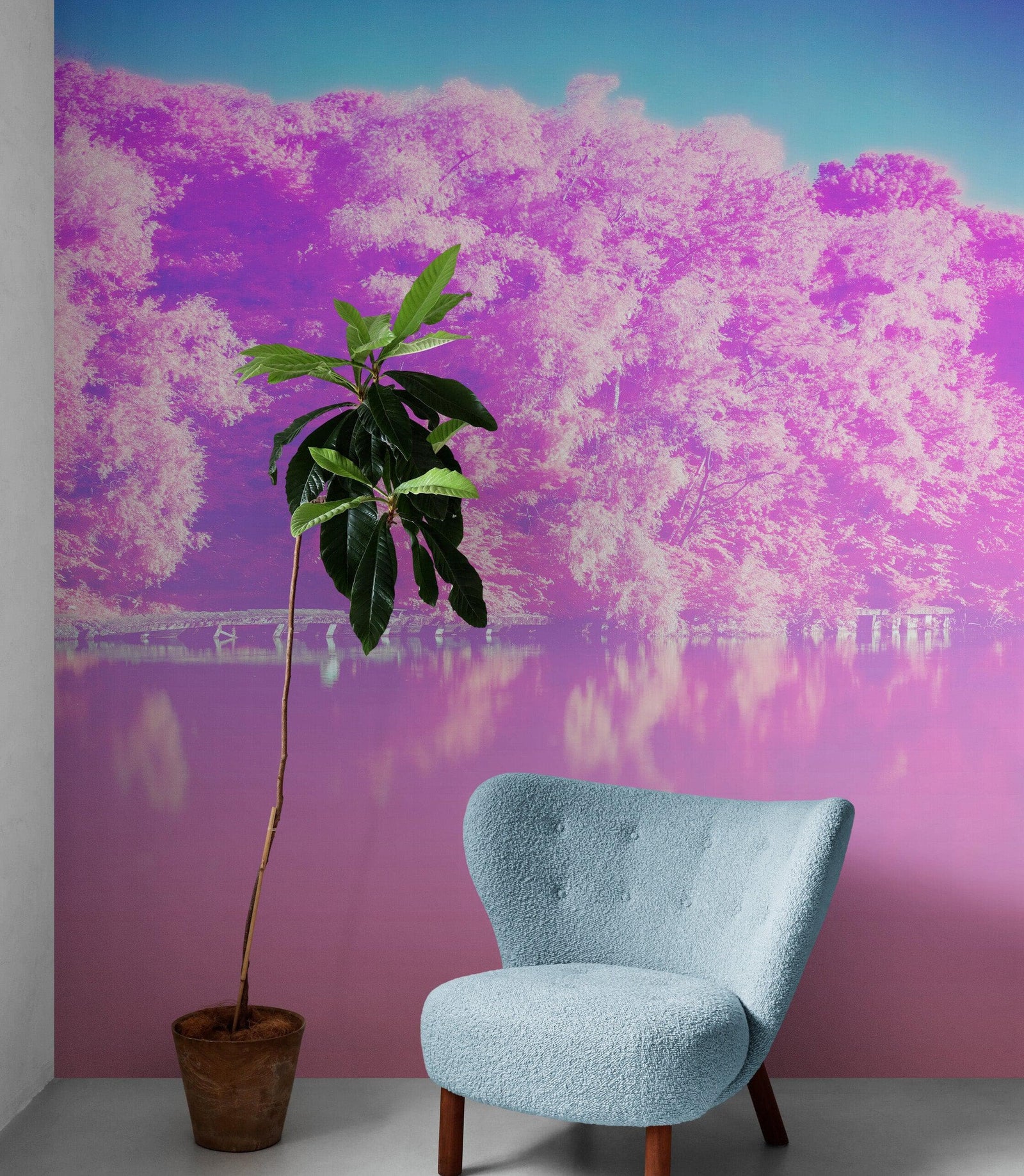 Tranquil Park Scene Wallpaper - Pink Pastel with Trees and Lake Wall Mural #6601