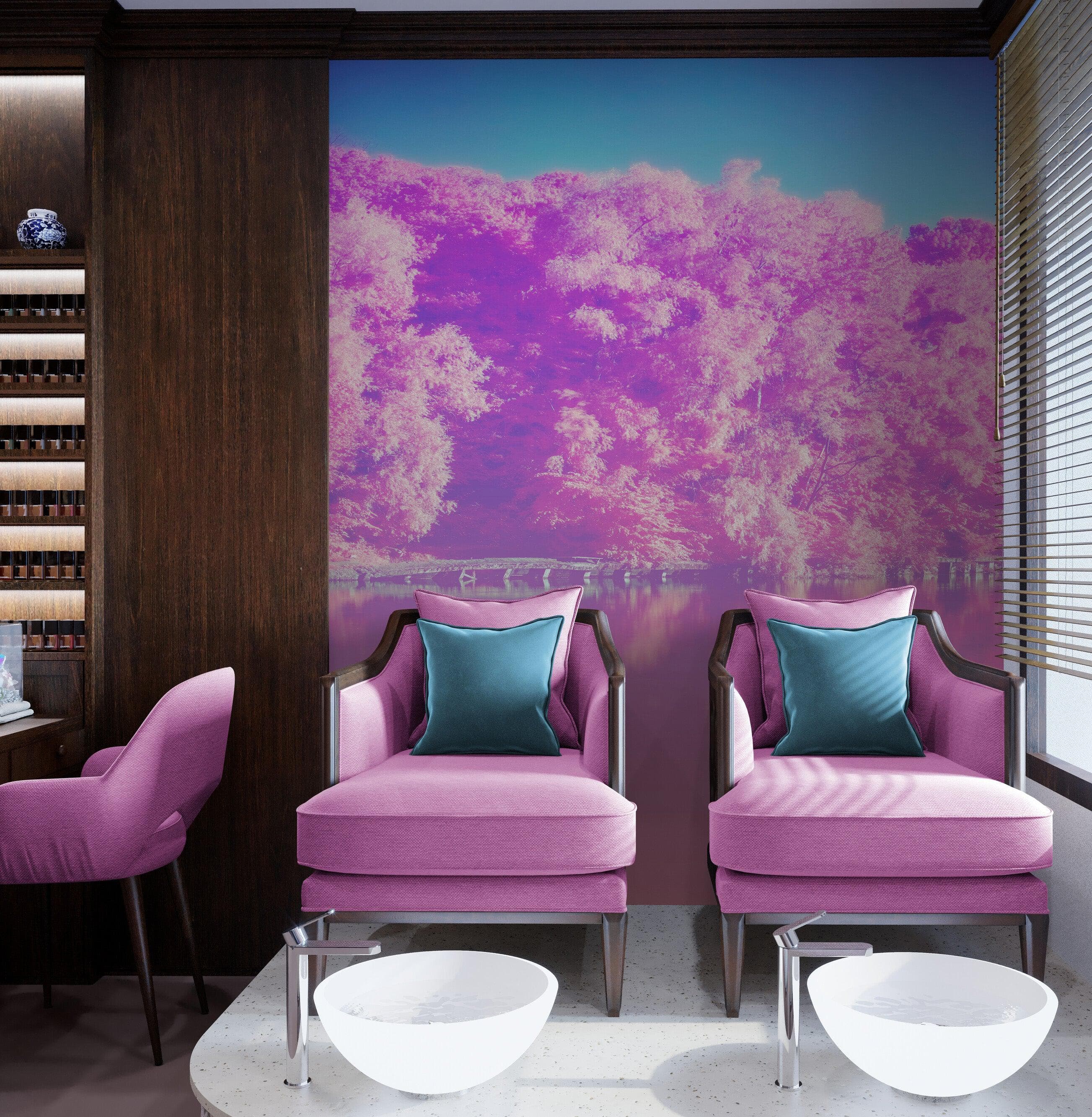 Tranquil Park Scene Wallpaper - Pink Pastel with Trees and Lake Wall Mural #6601