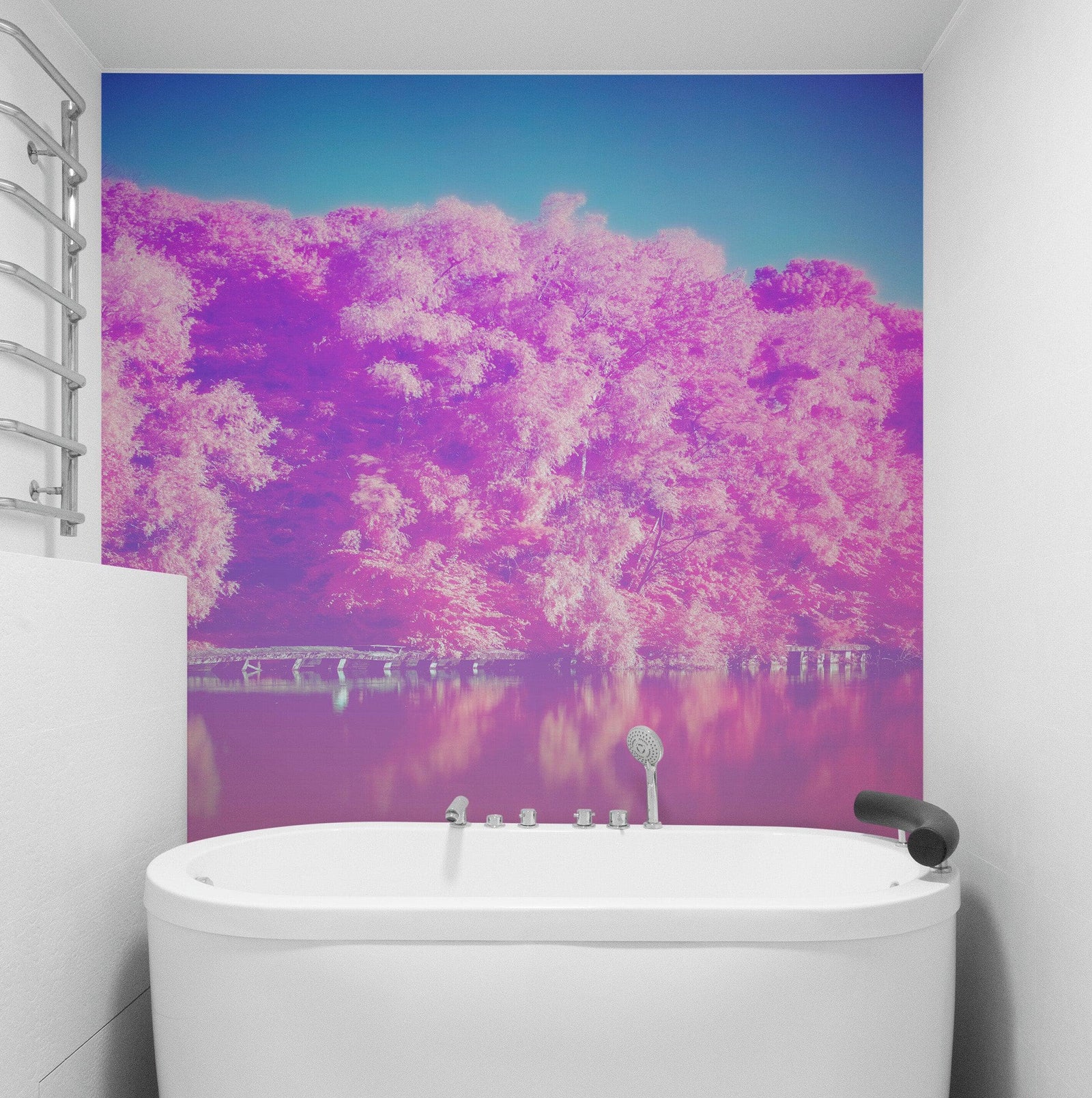 Tranquil Park Scene Wallpaper - Pink Pastel with Trees and Lake Wall Mural #6601