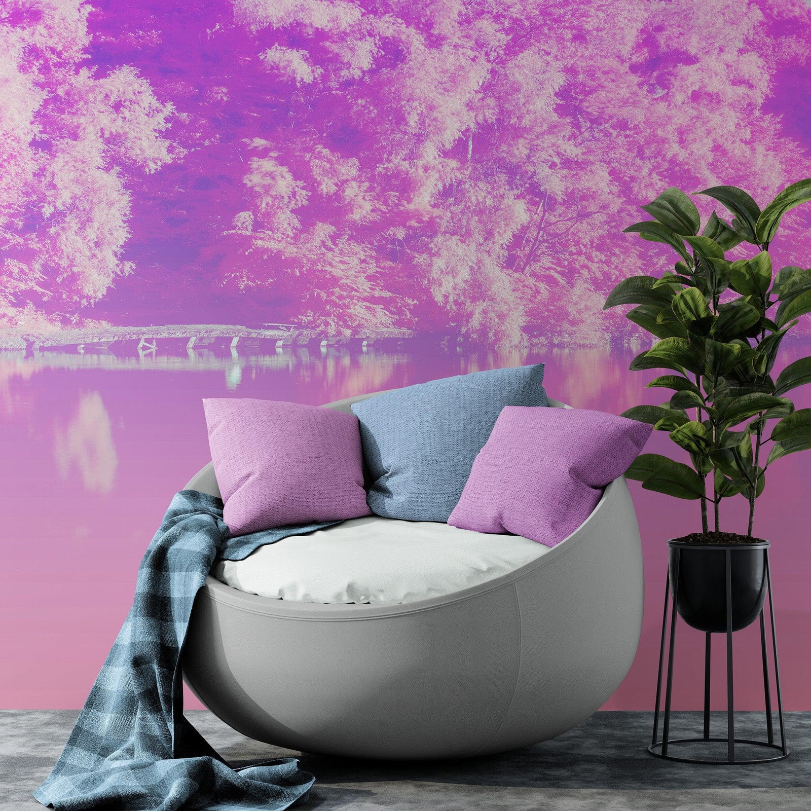 Tranquil Park Scene Wallpaper - Pink Pastel with Trees and Lake Wall Mural #6601