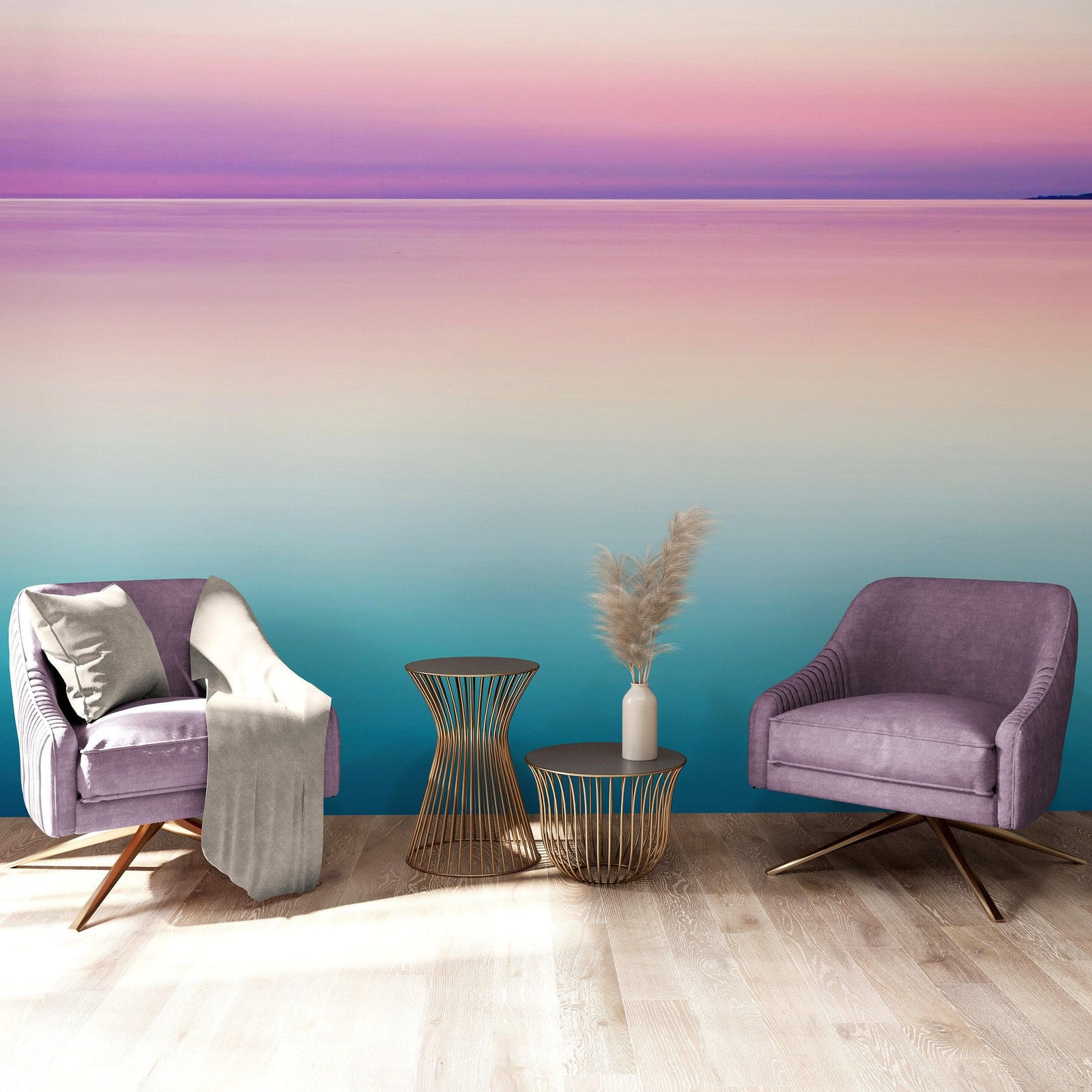 Pastel Pink Sunset Ocean Wallpaper Mural - Tropical Calm Waters. #6603
