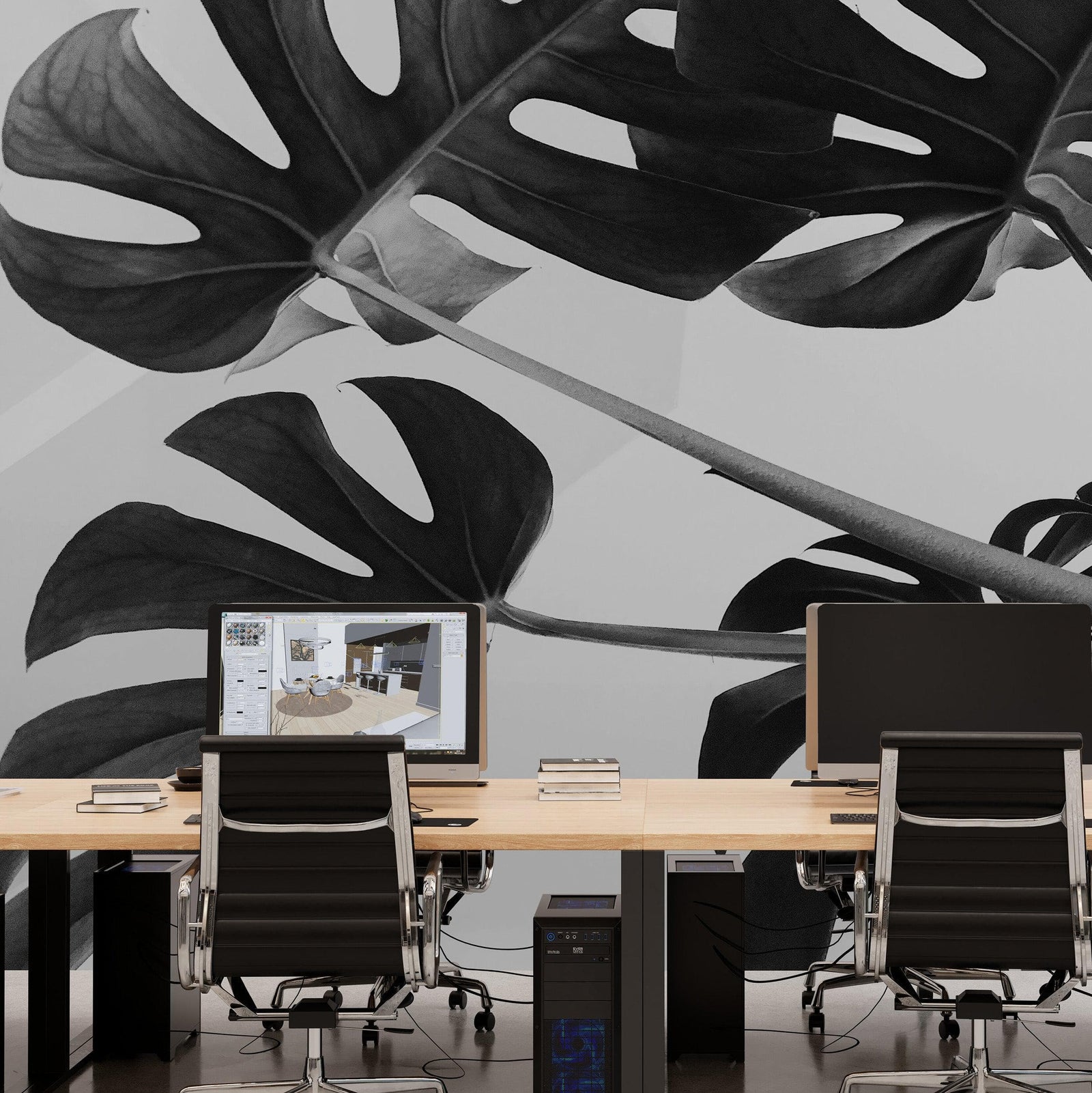 Elegant Black and White Leaves Wallpaper Mural - Serene Botanical Beauty #6606