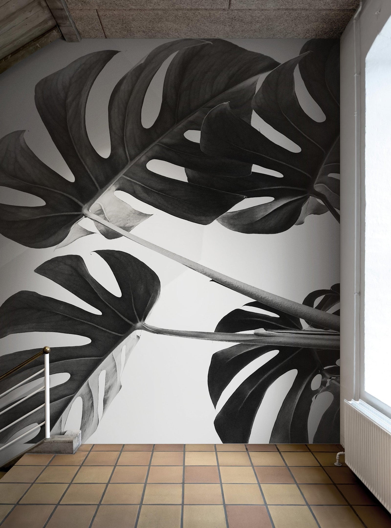 Elegant Black and White Leaves Wallpaper Mural - Serene Botanical Beauty #6606