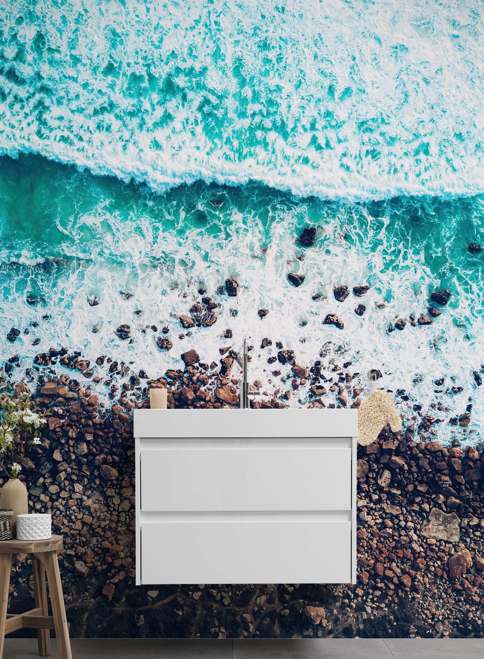 Ocean Waves over Cliff Wallpaper. Rocky Beach Wall Mural. Bright Aqua Color Beach Waves. #6624