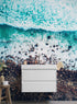 Ocean Waves over Cliff Wallpaper. Rocky Beach Wall Mural. Bright Aqua Color Beach Waves. #6624