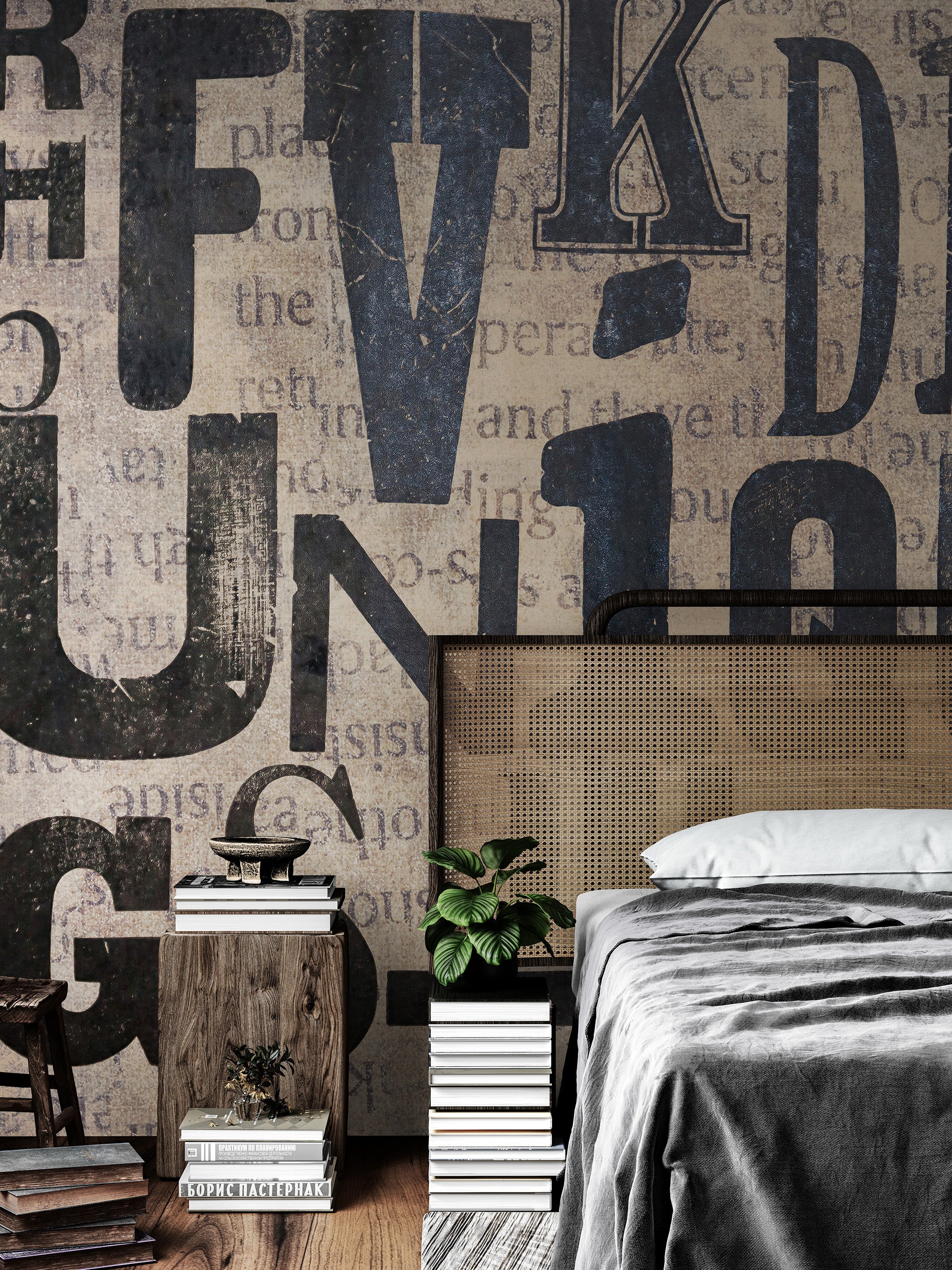 Vintage Ink Typographic Wall Mural – Modern Elegance for Your Space #6650