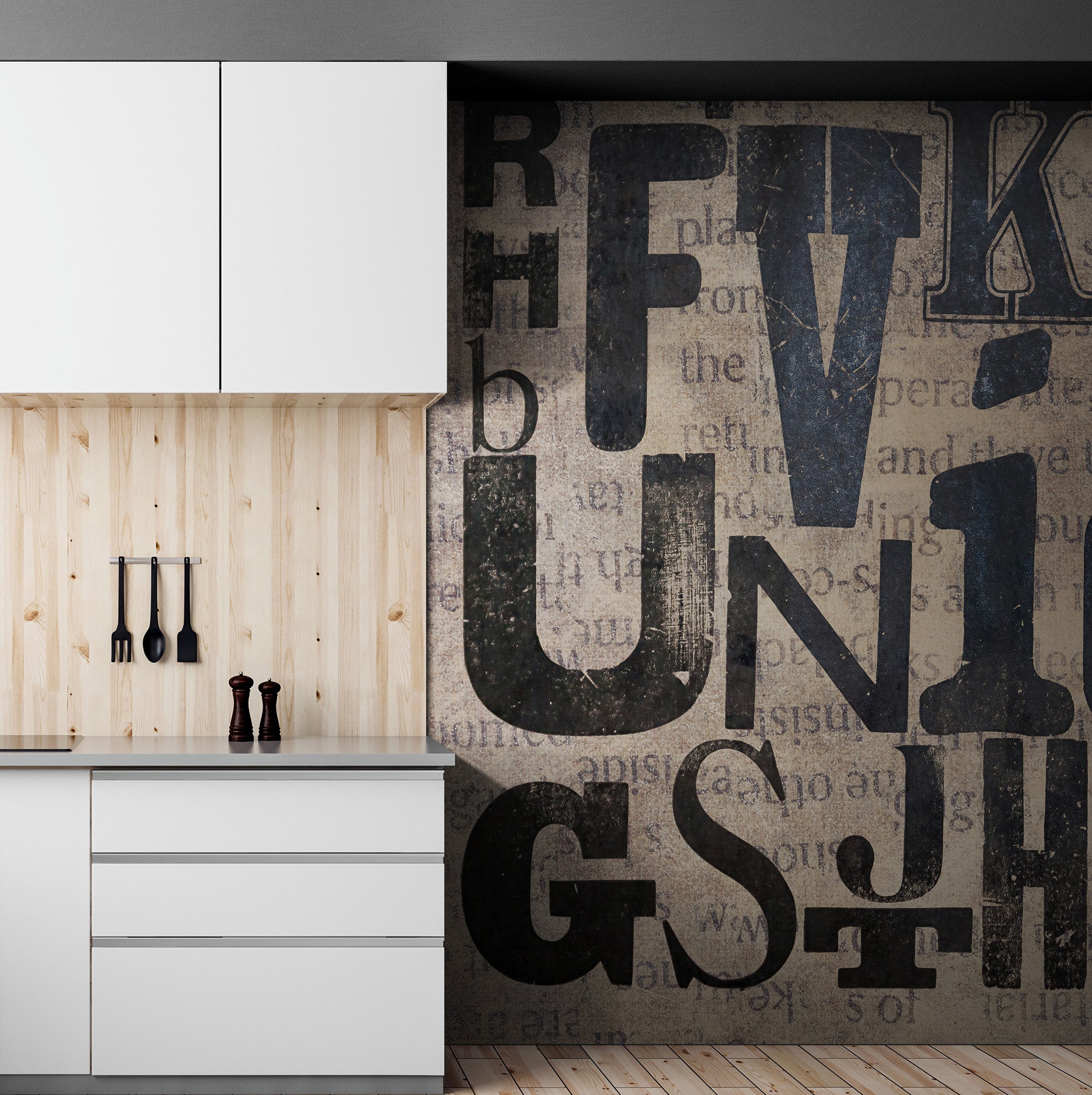 Vintage Ink Typographic Wall Mural – Modern Elegance for Your Space #6650