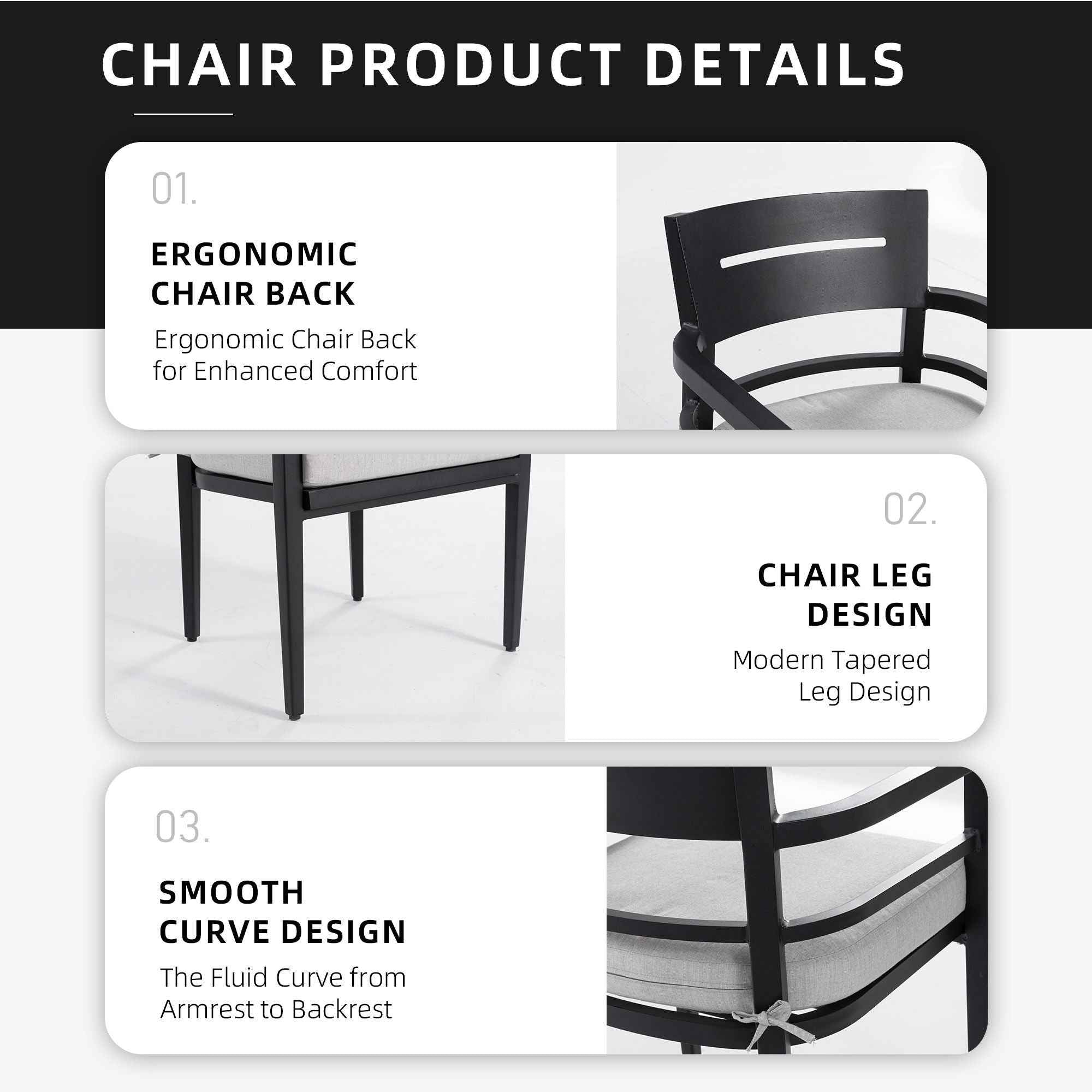 Outdoor Patio Dining Chairs With Outdoor Grade Sunbrella Fabric Cushions, Tapered Feet (Set of 4) - Ember Black