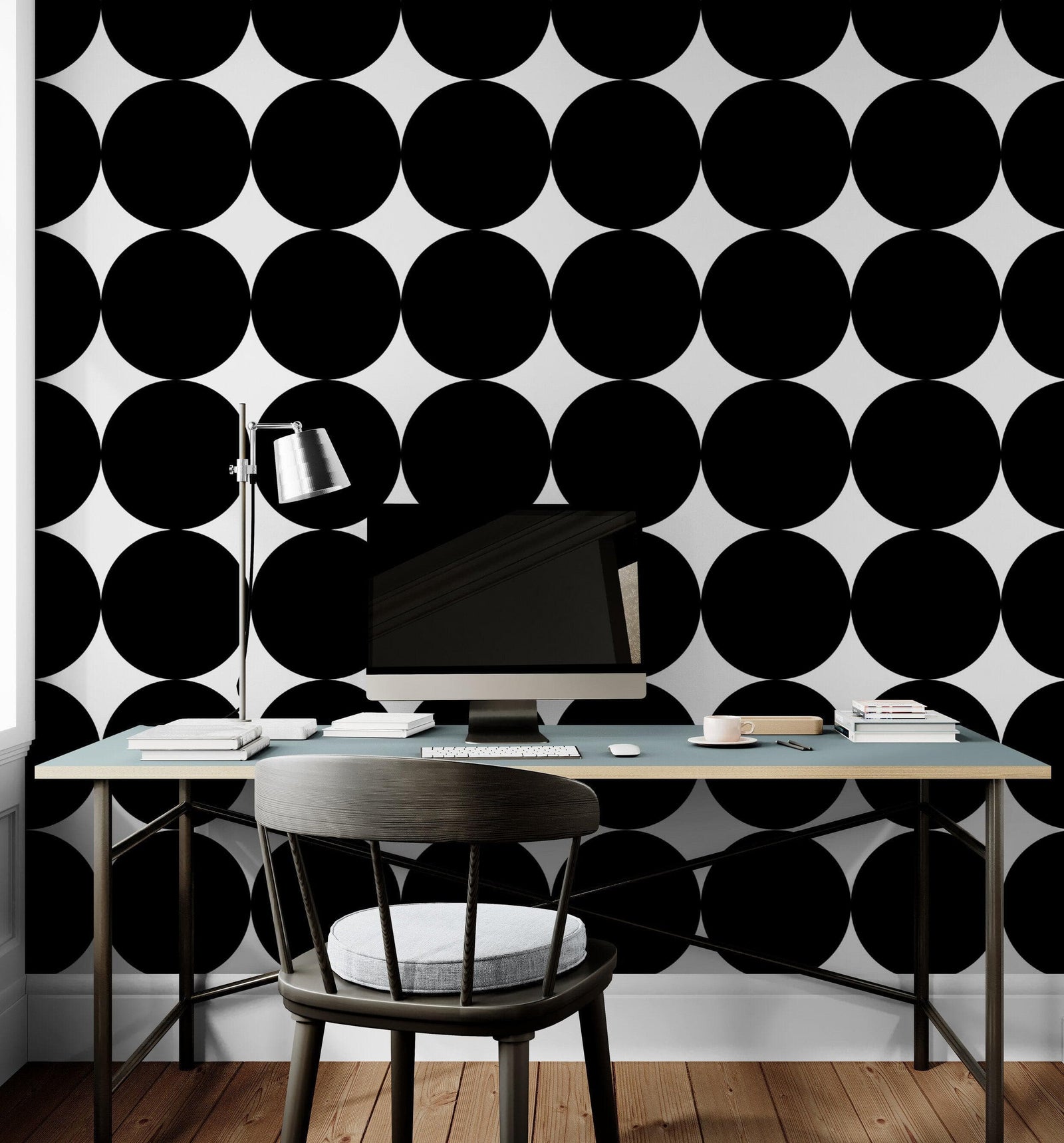 Modern Geometric Black Circle Wallpaper Mural. #6675